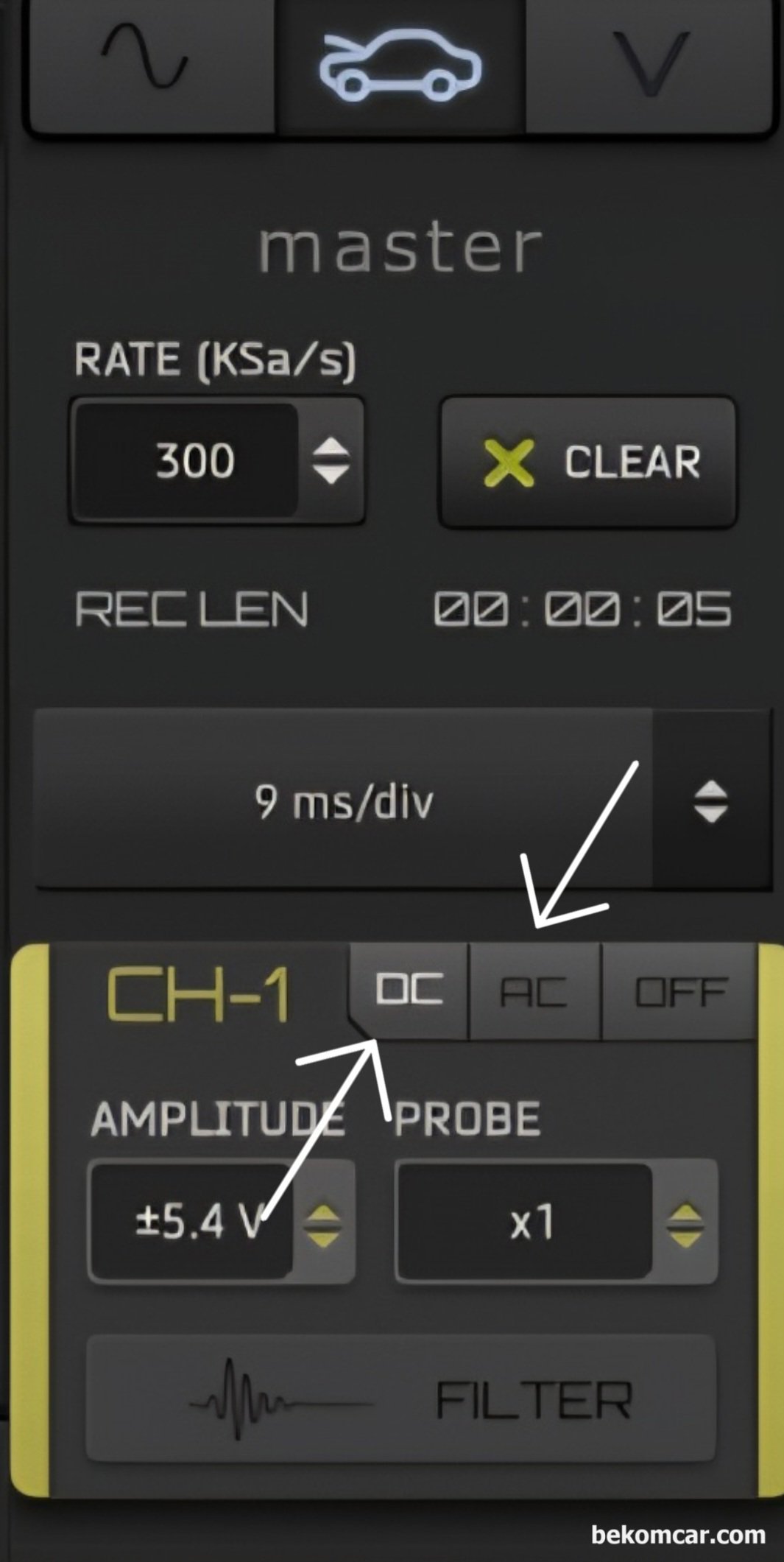 오실로스코파형 측정시 커플링 DC & AC 확인 중요성, 오실로스코파형 측정시 커플링 DC AC 확인 중요성. 옵션에서 DC 혹 AC를 잘 선택해야 한다.|ベコムカー (bekomcar)