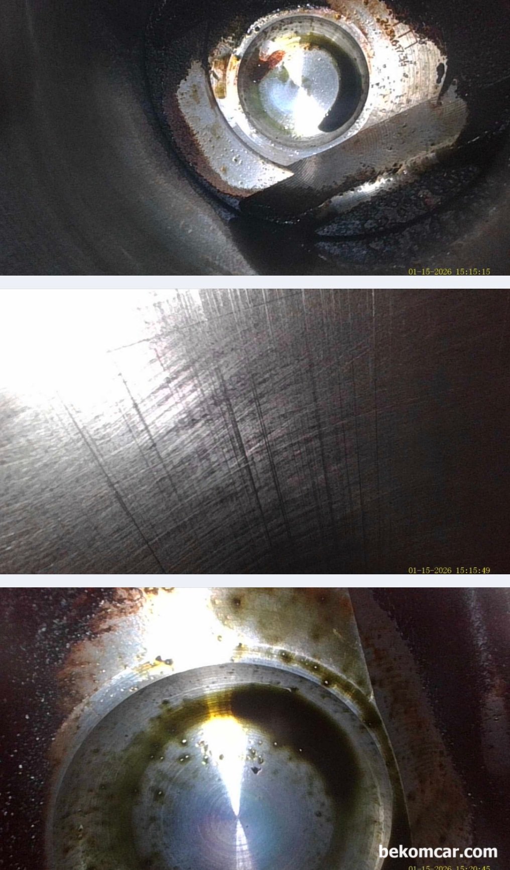 쉐보레 올 뉴 말리부 1.5T 에코텍 엔진, 냉간시 순간실화 증상 진단기록, 쉐보레 올 뉴 말리부 1.5T 에코텍 엔진, 약 14만키로 주행한 차량으로 실린더 내시경 검사결과 1번 실린더에서 스크래치가 발견된다. 아직 심한정도는 아니지만 무실 할 정도도 아니다. 피스톤 오일 컨트롤 링 이슈가 있는것으로 잠정 결론내린다.|bekomcar.com