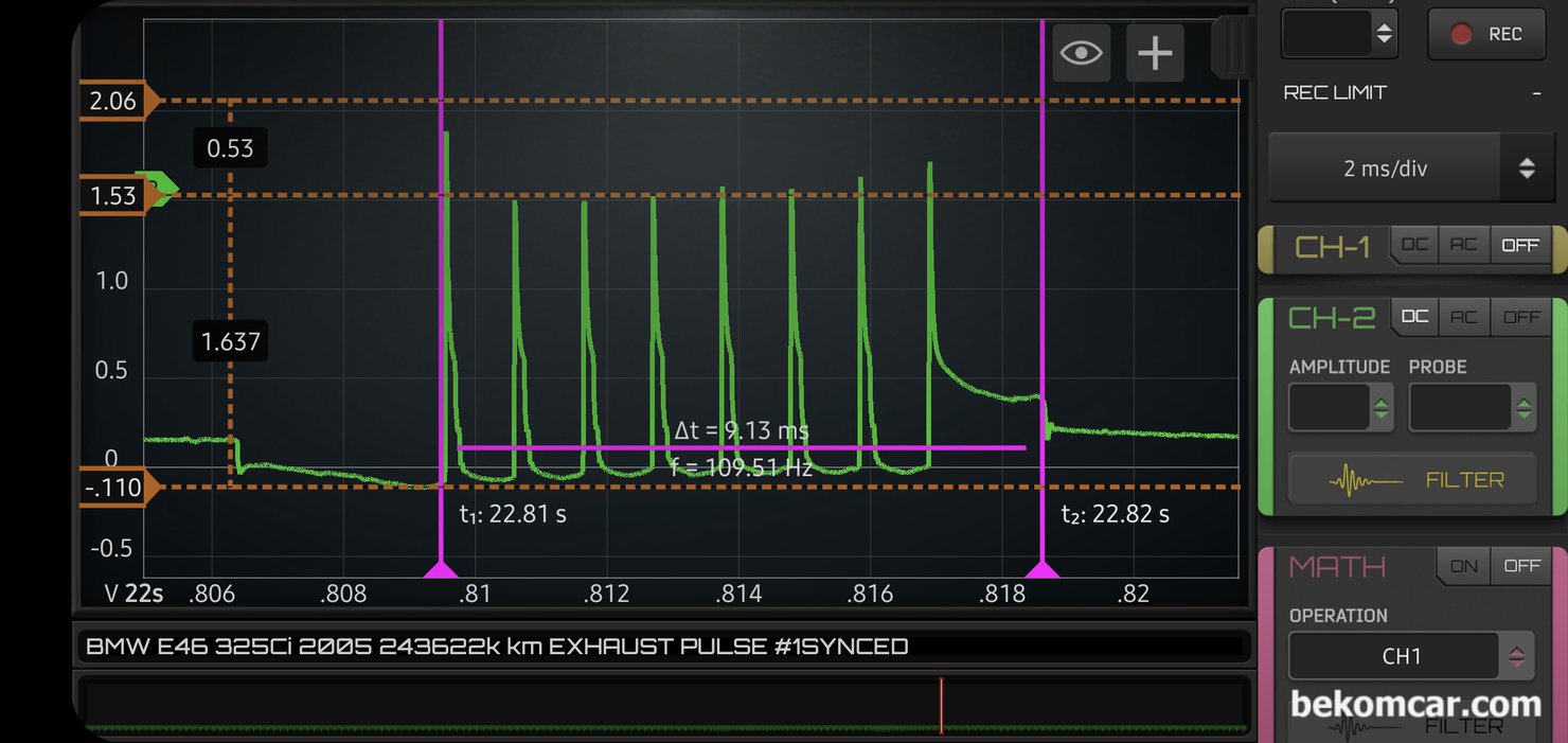 배기가스 줄이기 위한 다중점화기술, BMW E46 325Ci 2005 다중점화 8번 사례, 배기가스 줄이기 위한 다중점화기술, BMW E46 325Ci 2005 사례. 다중점화가 8번까지 측정되어 기록으로 남긴다. 8번까지의 점화플러그 다중점화는 처음 보는것 같다. 점화코일 작동후 FV 시점부터 점화플러그 작동후 시점까지 약 13ms 정도이다. 상당히 길다.|贝科姆汽车 (bekomcar)