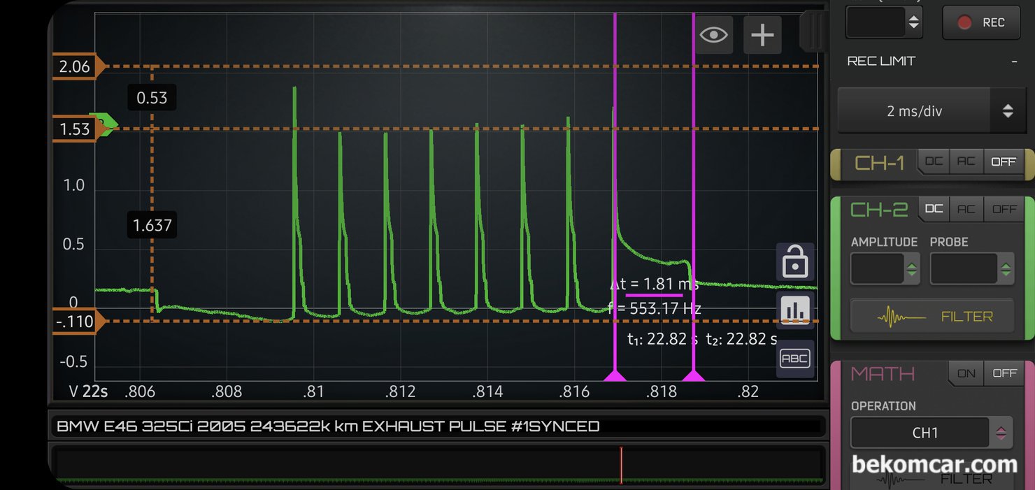 배기가스 줄이기 위한 다중점화기술, BMW E46 325Ci 2005 다중점화 8번 사례, BMW E46 325Ci 2005 사례. 다중점화가 8번까지 측정되어 기록으로 남긴다. 8번까지의 점화플러그 다중점화로, 이버에는 점화플러그 Burn Time 만 측정해보니 약 1.81ms 정도이다. 좋은편이다.|贝科姆汽车 (bekomcar)