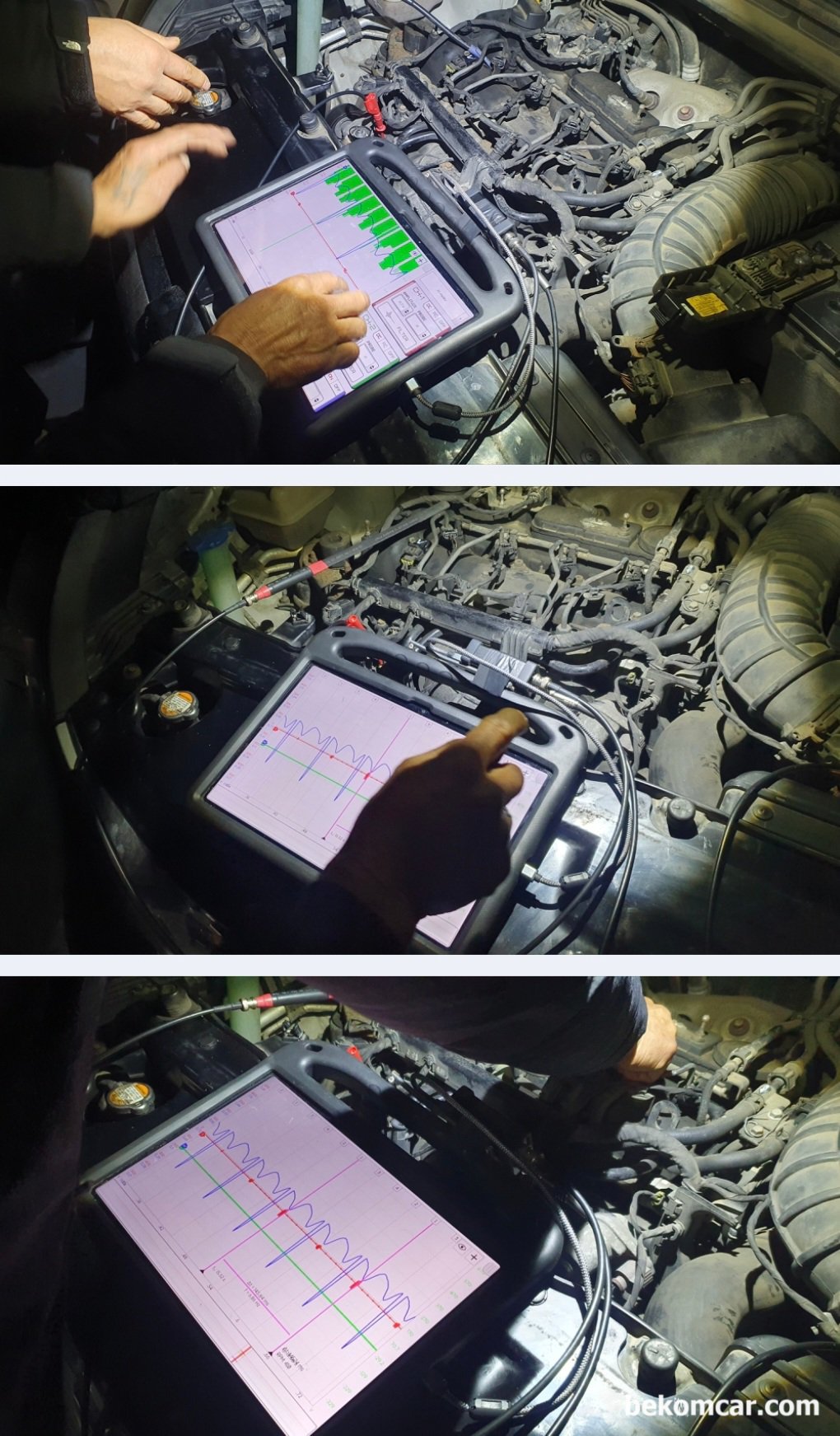 제 4회 베콤카 정비사 실화. 부조 워크샵, 전북 임실 한국모터스, 워크샵 핵심은 HS512Max 오실로스코프와 ROTKEE 펄스센서 그리고 CKP 파형을 수학채널로 주파수로 변환하여 실화를 분석 진단하는 방법 등이다. 특히 CKP 파형 주파수 변환 실호진단 방법등 은 한국모터스 대표님께서 직접 처음부터 차분히 파형측정 및 분석까지 해 주셨다. 그리고 다른 전문가 정비사 도 함께 의견을 제시하고 파형의 노이즈 상태 및 진단에 주는 영향등 전문적인 기술적 의견 교환을 통하여 현장에서 있을 수 있는 많은 변수에 관하여 배울 수 있는 소중한 팀 워크가 가장 인상 깊었다.|بيكومكار  (bekomcar)