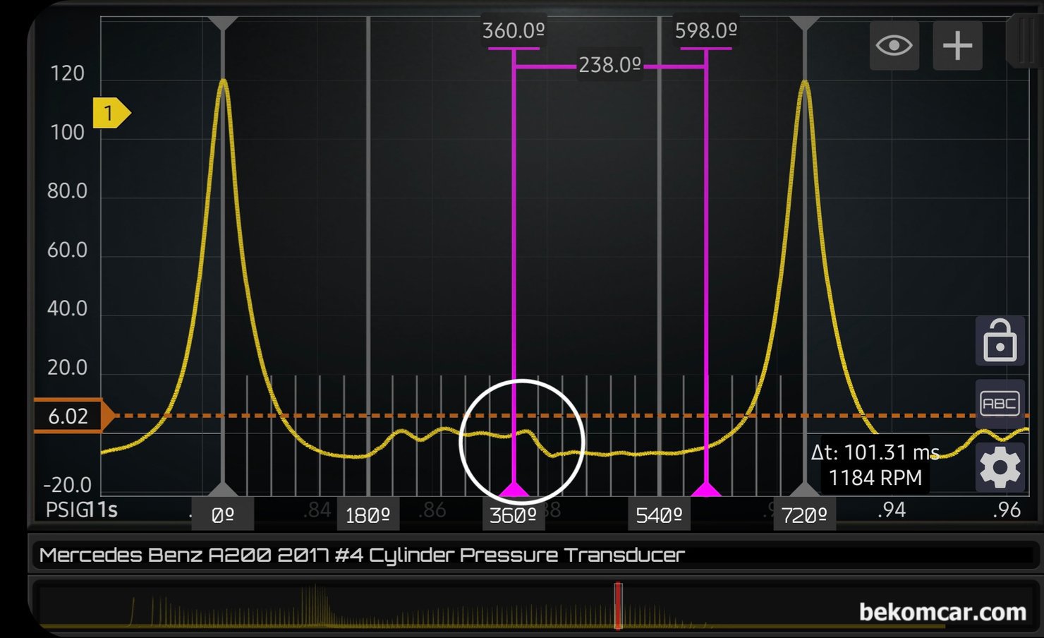 엔진 정밀진단 파형분석 사례, 벤츠 W176 A200 M270 진단사례, 벤츠 M270 A200 1.6L 인라인 4 터보 휘발유 엔진 실린더압축압력 파형이다. 시동후 조금지나면 바로 배기행정 마지막 부분 압력이 거의 대기압 0 PSI 가까이 떨어진다. 약 30도 정도 지각을 시키고 있다. 보통 15도 정도를 1코 로 판단하니 배기밸브를 거의 2코를 지각 시켜서 그만큼 흡.배기 오버랩 구간을 길게 한 것이다.|بيكومكار  (bekomcar)