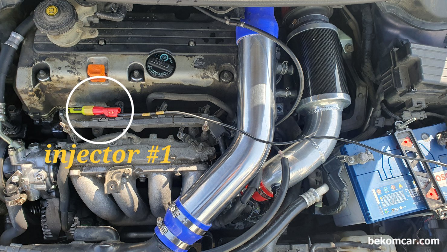 수퍼카 & 모닝 포함 모든 내연기관엔진 파형분석 실화진단 방법, 혼다 오딧세이 사례, 트리커채널 (싱크채널)은 인젝터 #1번에 하고 그라운드는 배터리 마이너스에 연결한다. 오실로스코프 전압은 +-5.0V로, 샘플링은 150Ks/S 정도로 한다. 측정은 가능한 냉간시, 열간시 등으로 차량상태 와 증상에 따라서 적절하게 측정해야 한다. 차량별로 접근성에 따라서 점화코일이나 인젝터등에 싱크채널 (트리거채널)을 하면 된다. 혼다 오딧세이 K24엔진 점화 순서는 1 3 4 2 번이다.|贝科姆汽车 (bekomcar)