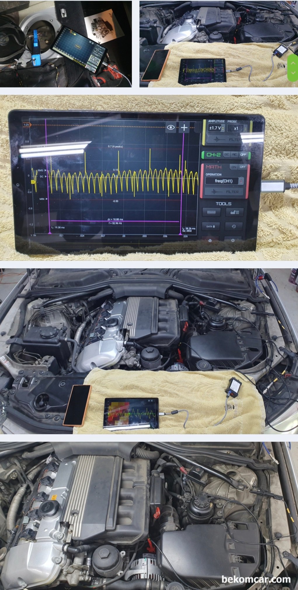 베콤카 정비사 현장출장 교육, 서울의 한 프랜차이즈 정비소, 베콤카 현장출장 정비사 교육으로 알터네이터 고장 진단방법 중 하나인 리플전압 측정과정 이다. 특이하게 스파이크가 규칙적으로 측정되고 있다.|بيكومكار  (bekomcar)