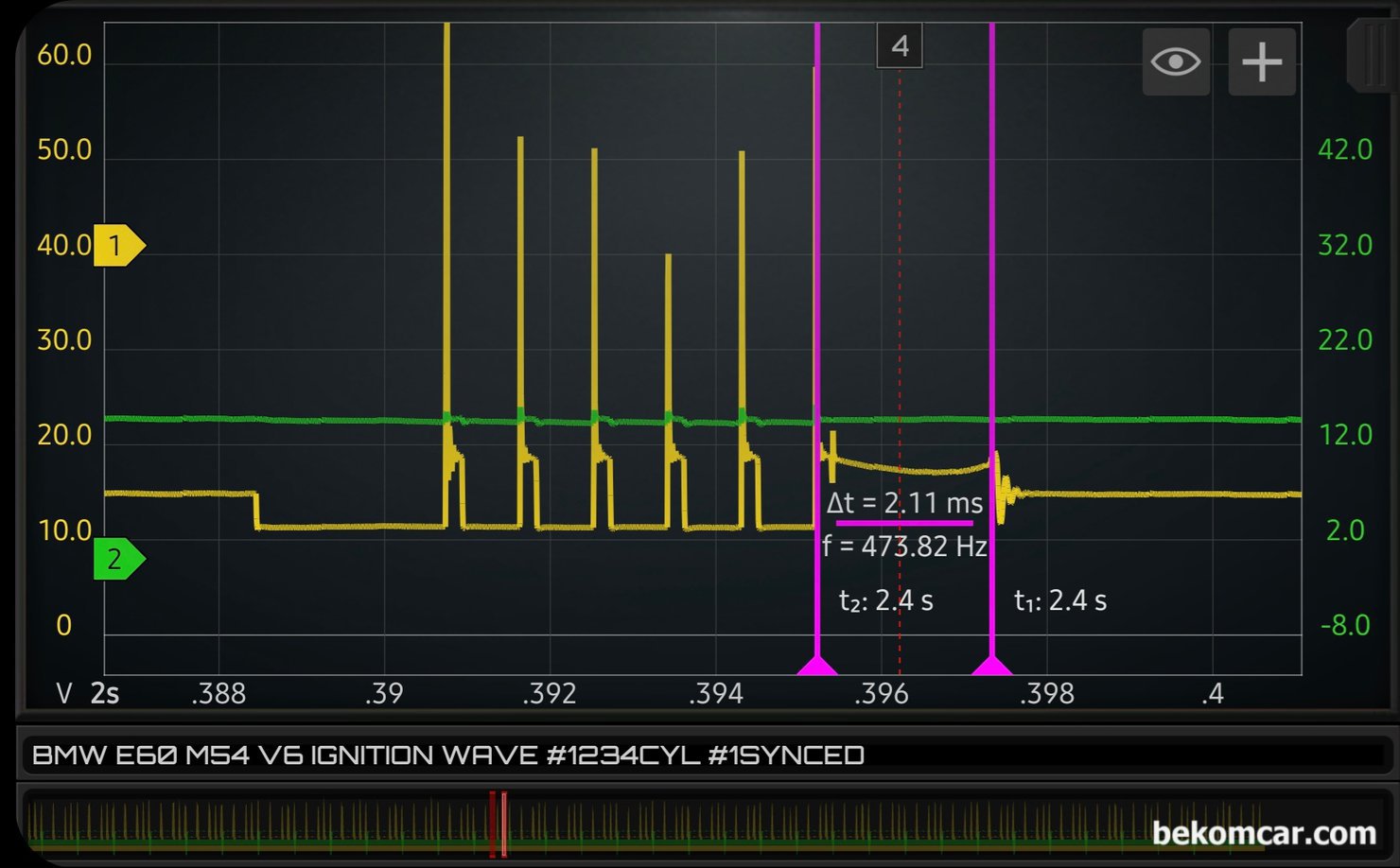 BMW E60 M54 점화코일 점화플러그 상태진단, 점화파형측정 기록, 이번에는 4번 실린더 점화파형을 자세히 살펴본다. 1개 점화파형이지만 여러개 파형처럼 보이는 것이 바로 다중점화, 여러번 점화플러그를 작동시키기 때문이다. 이번 측정에서는 한번에 6번 점화를 하고 있으며 점화플러그 번타임 (Burn Time)은 약 2.11ms 로 매우 좋다.  모든 에너지를 다 쏟아부어 점화가 다 끝나고서도 마지막에 꿈뜰거리는 오실레이션 (맥동?)도 확실하게 잘 표시되고 있다.  점화파형 측정차량은 BMW E60 M54 인라인 V6 엔진이다.|بيكومكار  (bekomcar)