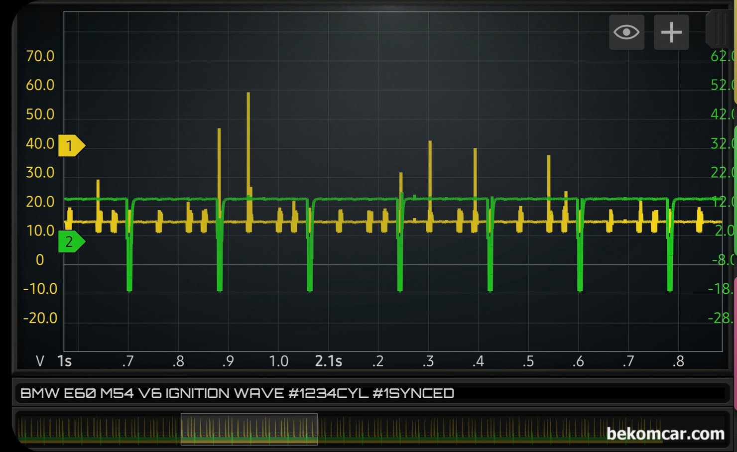 BMW E60 M54 점화코일 점화플러그 상태진단, 점화파형측정 기록, HS512Max 자동차전용 오실로스코프 와 4개 실린더 점화파형을 동시에 측정하는 LX4 프로브로 측정한 점화2차 파형이다. 전체적인 상태를 볼 수 있고 초록색이 #1번 트리거채널 (싱크채널)리고 노란색이 1~4번 실린더 점화2차 파형이다. BMW E60 M54 엔진 점화순서는 1 5 3 6  2 4 이다. 둘 다 국내 대리점으로 베콤카에서 수입공급하는 장비이다.|بيكومكار  (bekomcar)