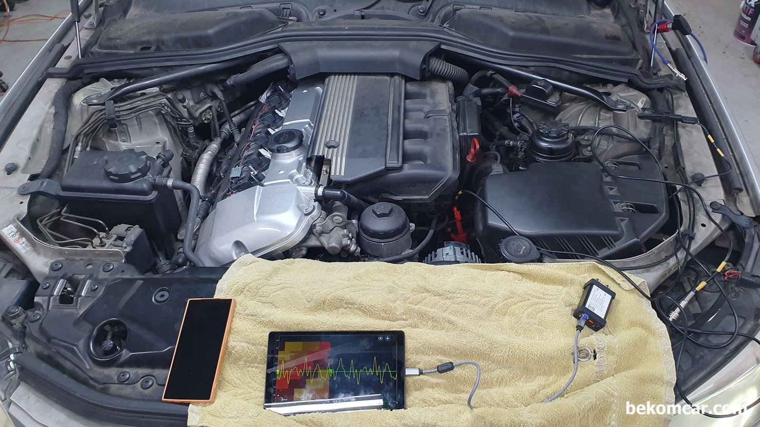 BMW E60 M54 엔진건강 검진, 실린더압축압력센서 기록, 아쉽게도 실린더압축압력센서 PS16 설치 환경을 사진으로 기록을 남기지 못 했다.  측정 환경은 HS512Max 자동차 전용 스코프와 ROTKEE PS16 실린더압축압력센서 를 이용하여 실린더압축압력을 측정하였다. 파형측정 차량은 BMW E60 M54 인라인 V6 이다.|بيكومكار  (bekomcar)