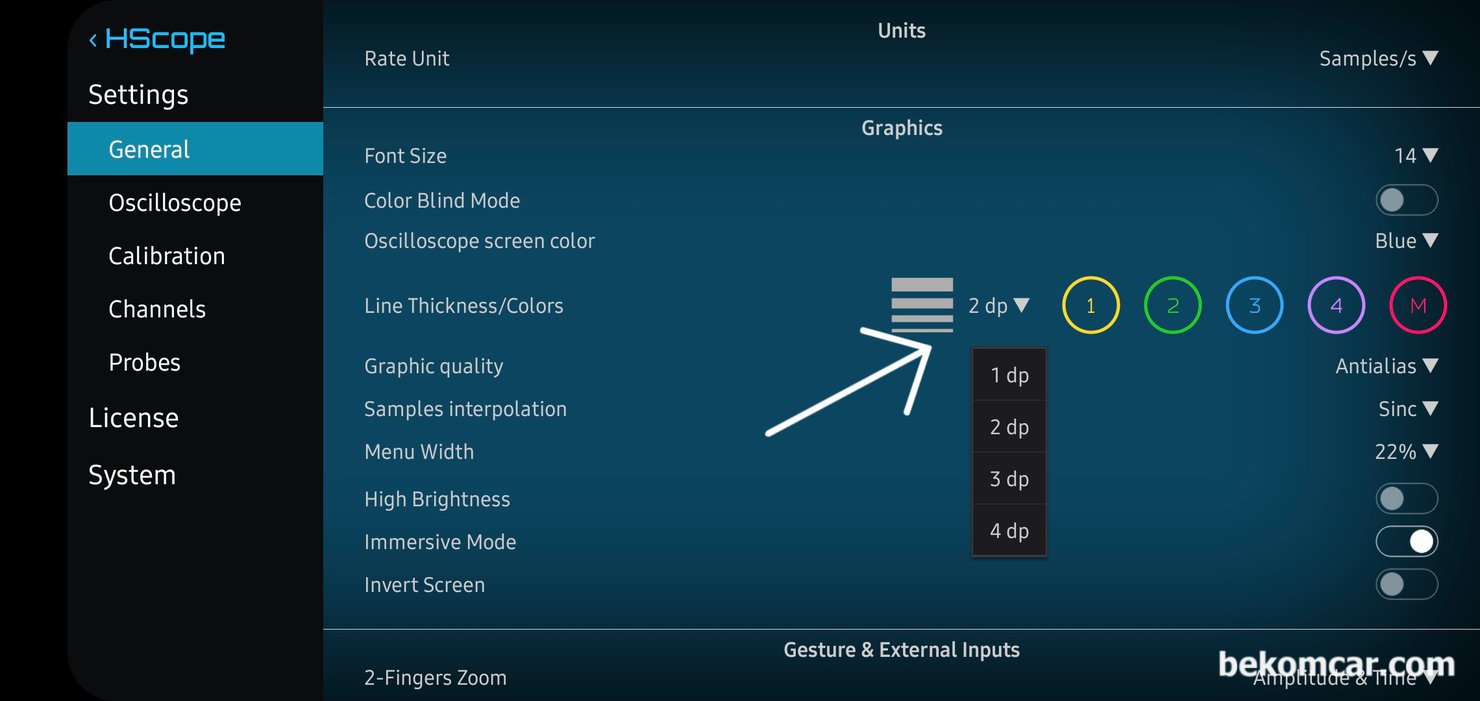 HS512Max 자동차전용 오실로스코프 파형두께 세팅하기, HS512Max 자동차전용 오실로스코프 파형두께 세팅하기 방법이다. 프로그램 세팅으로 이동하여 라인두께를 원하는것으로 선택하면 된다. 1dp 2dp 3dp & 4dp 두께가 지원된다.|بيكومكار  (bekomcar)