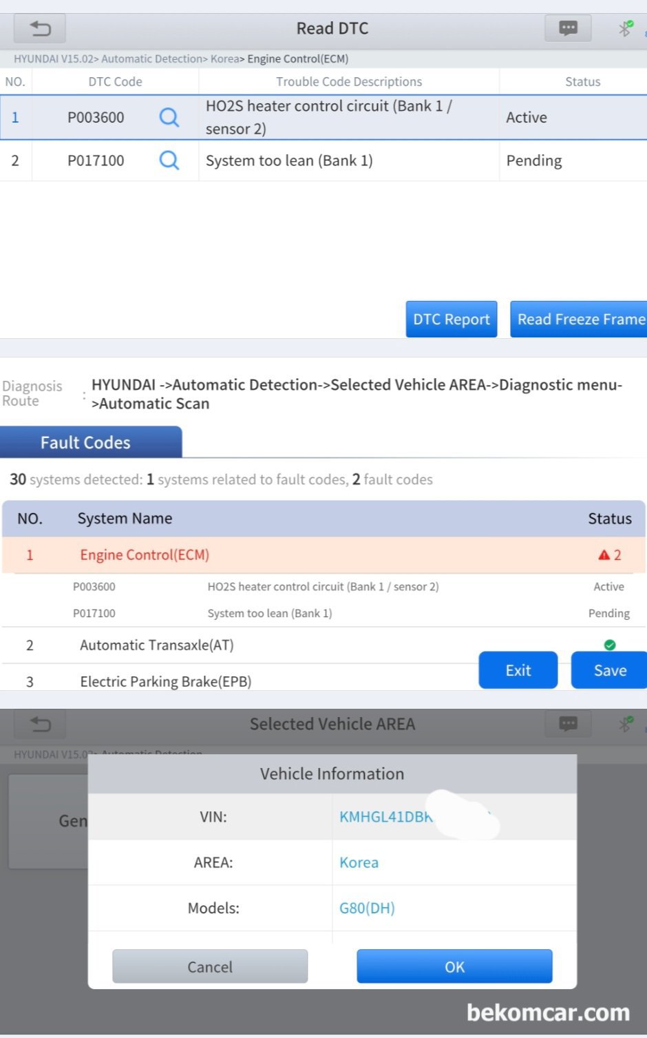 현대자동차 G80 DH 3.3L GDI P0171 P0036 진단기록, 현대자동차 G80 DH 3.3L GDI, 공연비희박 P0171 & 뱅크1 촉매하단 산소센서2번 P0036 고장코드가 확인된다.|بيكومكار  (bekomcar)