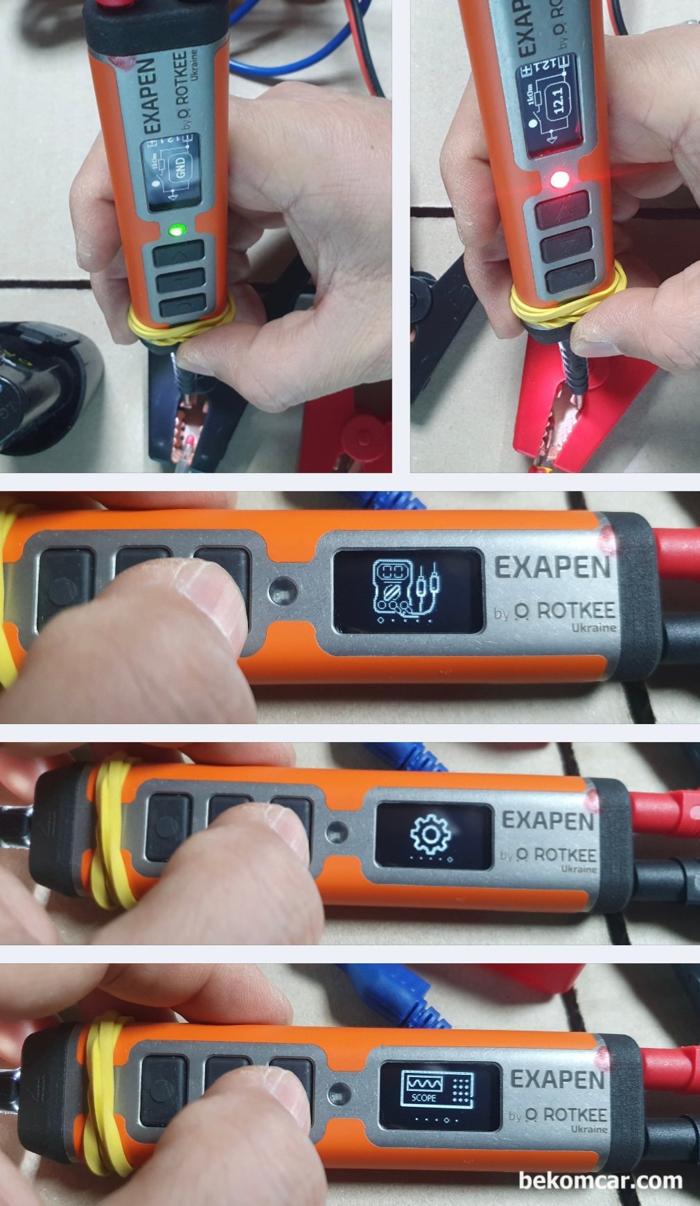 ROTKEE ExaPen 회로점검 전용 특수측정 장비, ROTKEE ExaPen은 전원과 접지 등 LED 색으로 표시하고 옵션에서 세팅이 소리로 알려주기도 한다. 현장에서 정비사들이 좋아하는 기능들이다.|贝科姆汽车 (bekomcar)