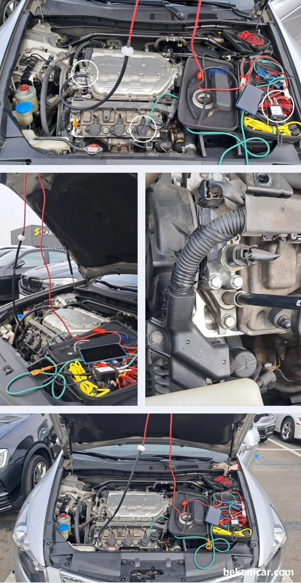 2010년 혼다 어코드 V6 3.5L 중고차구매 점검기록, 파형분석 & 실린더 내시경검사, 수원 중고차매매단지 도이치오토월드 출장진단, 2010년 혼다 어코드 V6 3.5L 중고차구매 하기 전 진단과정 이다. 엔진상태 (실화 및 흡기밸브 작동 & 간극 등 상태)를 알 수 있는 흡기 (Intake Pulse) 펄스 파형  & 피스톤 링 손상등 엔진 내부의 기계적 고장 분석을 위한 크랭크케이스 블로우 바이가스 파형 측정 세팅과정이다. ROTKEE PDS 피에조 펄스센서 및 HS412Max 스코프 등을 사용하고 있다.|贝科姆汽车 (bekomcar)