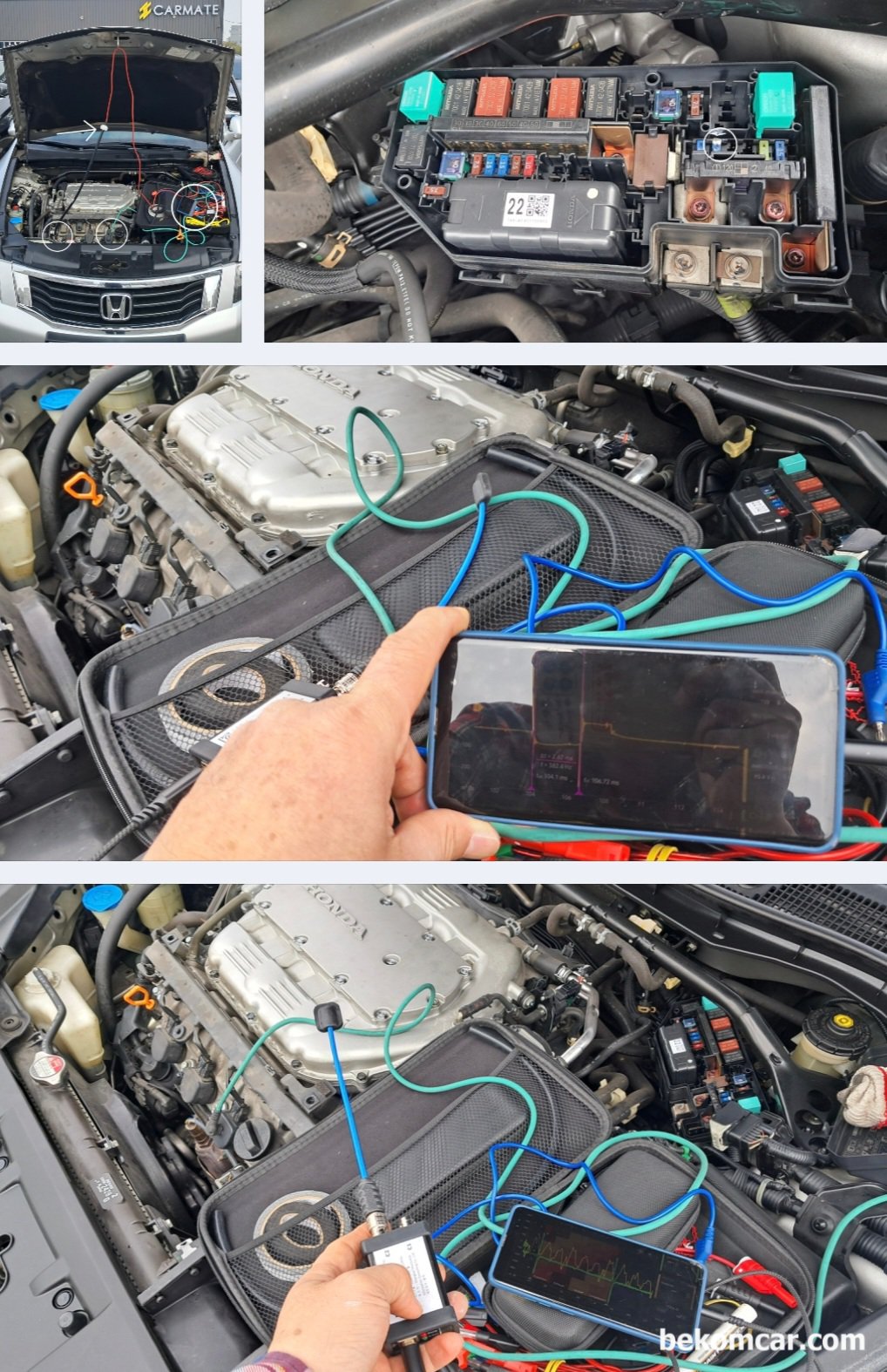 2010년 혼다 어코드 V6 3.5L 중고차구매 점검기록, 파형분석 & 실린더 내시경검사, 파형분석을 위한 세팅과정이다. 점화코일, 점화플러그, 인젝터 및 공연비상태등을 알 수 있는 파형측정이다. 또한 점화코일 (1~6번 실린더 전체 동시 비교분석) 파형측정도 매우 중요하다. 엔진룸 휴즈박스 15A (하얀색 마킹 동그라미 부분) 가 IG COIL 휴즈이다. 휴즈 점퍼와 소전류계를 이용하여 전류량 측정을 통하여 점화코일 등 점화상태를 진단하는 방법이다.  #6번 실린더에 트리거 채널을 연결한다.  수원 중고차매매단지 도이치오토월드 출장진단, 2010년 혼다 어코드 V6 3.5L 중고차구매 진단 과정이다.|贝科姆汽车 (bekomcar)