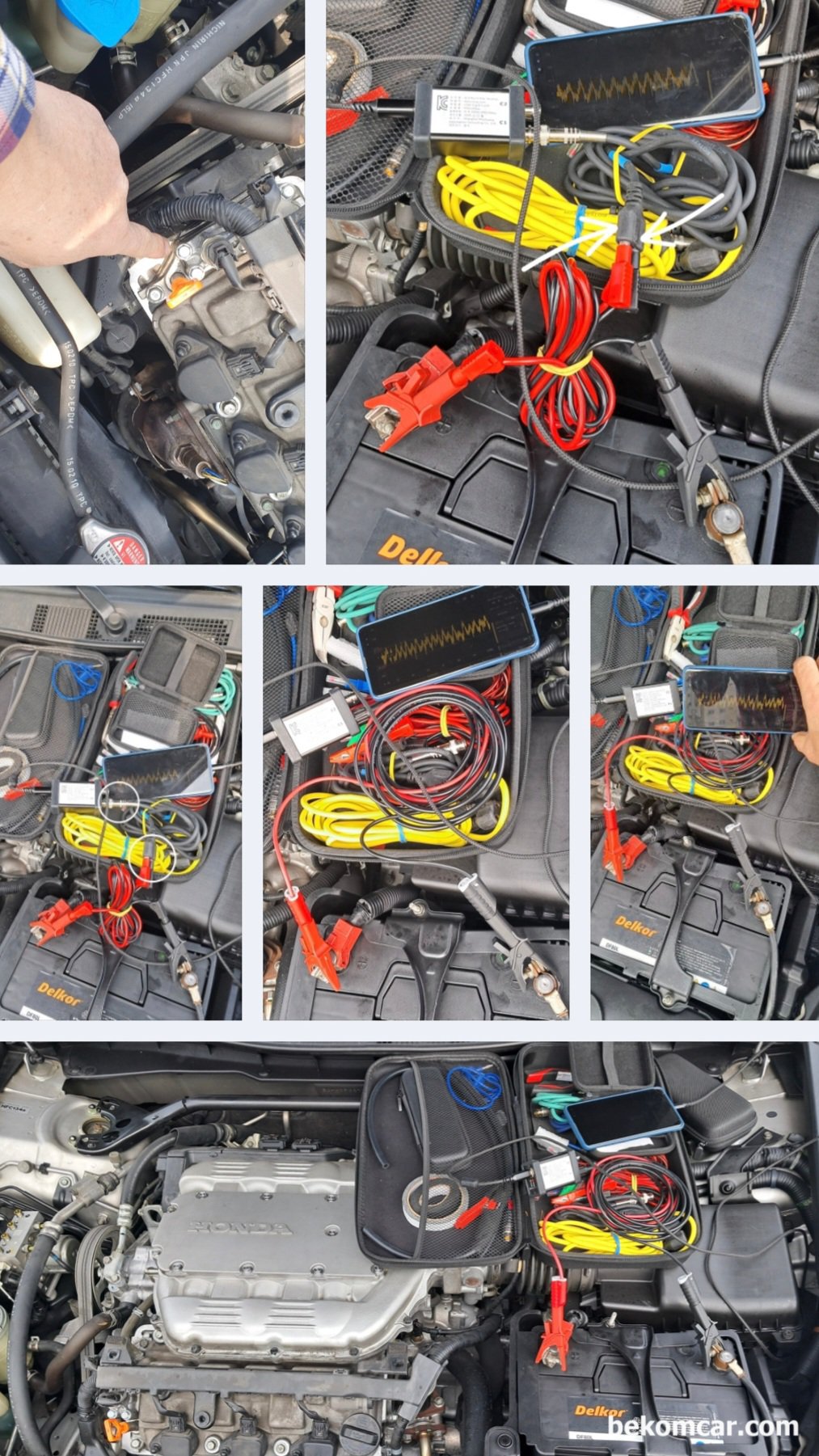 2010년 혼다 어코드 V6 3.5L 중고차구매 점검기록, 파형분석 & 실린더 내시경검사, 수원 중고차매매단지 도이치오토월드 출장진단, 2010년 혼다 어코드 V6 3.5L 중고차구매 하기 전 진단과정중에서 엔진상태 (실화 및 흡기밸브등 상태)를 알 수 있는 흡기 (Intake Pulse) 펄스 파평분석을 위한 세팅과정이다. ROTKEE PDS 피에조 펄스센서, HS412Max 스코프 및 각종 특수 스코프 프로브를 등을 사용하고 있다. 사용되고 있는 스코프와 펄스센서등은 베콤카에서 국내대리점으로 수입 공급하고 있는 장비들이다.|贝科姆汽车 (bekomcar)