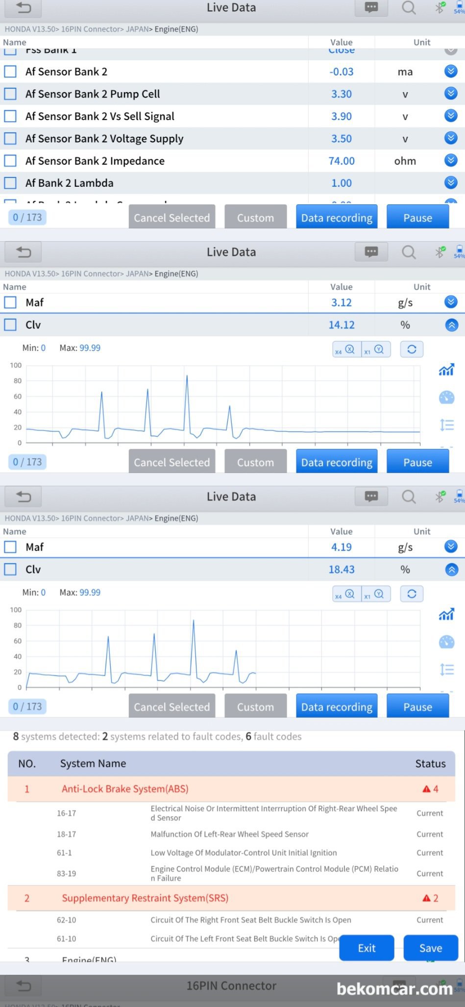 혼다 어코드 8세대 V6 3.5L 중고차 구매점검 기록, 진단기 및 하체등, 혼다 어코드 8세대 V6 3.5L 중고차 구매점검 중에데이터 점검 기록이다. MAF, CLV, 람다값, 연료보정값, 대기압센서값 등 전체적으로 상태가 다 정상으로 측정되고 있다. 참 다행이다. 다만 ABS 와 SRS에서 고장코드가 발견된다. 이 부분은 고객에게 고지 해 드리고 임시 조치후 모니터링 하기를 권장했다.|贝科姆汽车 (bekomcar)