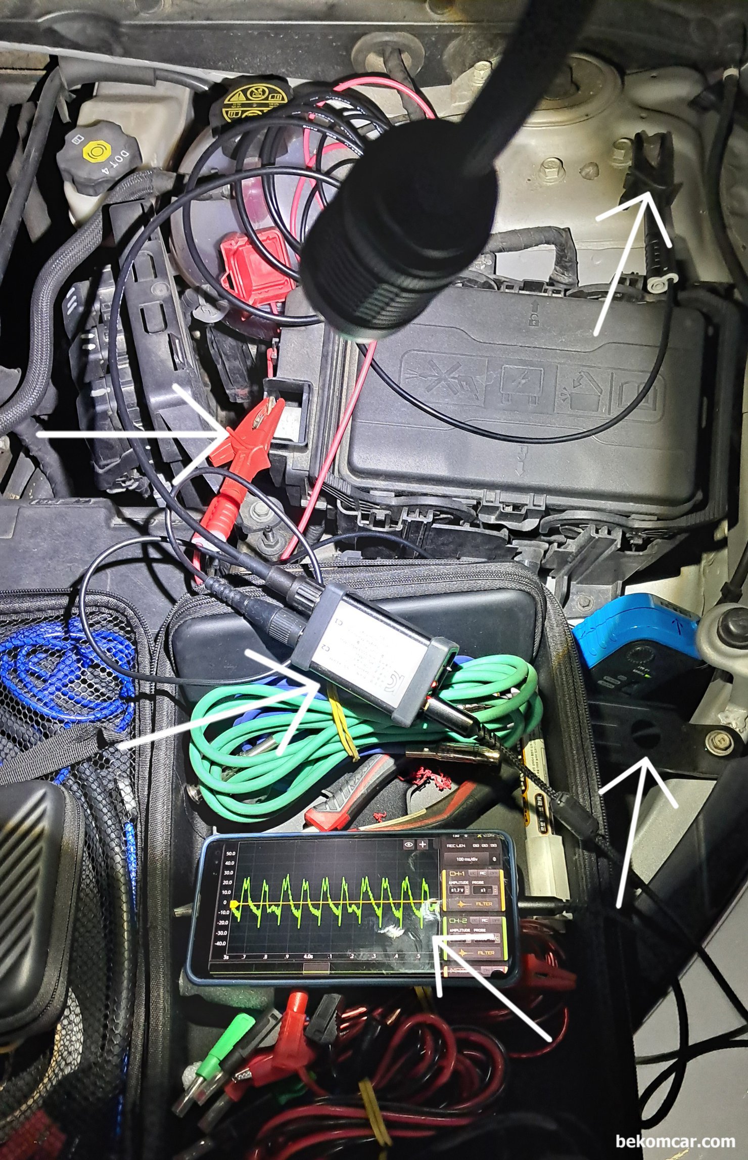 엔진 실린더 R/C 압축압력측정,  쉐보레 올 뉴 말리부 1.5T, 압축압력 측정환경이다. HScope 오실로스코프 프로그램, HS512Max 스코프, Hantek CC650 대 전류계 그리고 범용 BNC 케이블을 사용했다. 압축압력 측정 차량은 Chevy All New Malibu 1.5T 2017년 차량이다.|贝科姆汽车 (bekomcar)