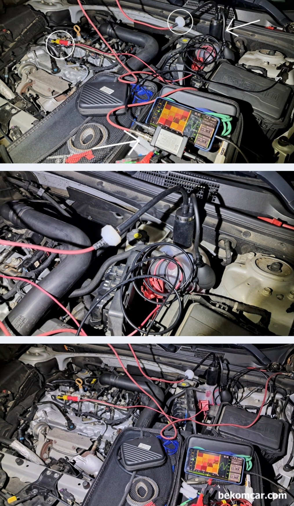 Chevy 말리부 1.5T 헤드가스켓 누수 점검 과정, 냉각수 보조통 파형측정 기록, HS512Max 스코프, ROTKEE PDS 피에조 펄스 센서 그리고 Autool 스모크머신을 활용하여 실린더헤드 개스킷 누수 있는지 확인하는 파형이다. #1번 실린더에 싱크 채널 연결하였고 냉각수 보조 통에서 기밀 상태를 유지하면서 크랭킹 하면서 압력 변화를 측정하는 환경이다. 피에조 펄스 센서는 압력이나 진동 등에 민감하다. 그래서 항상 엔진룸에 올려놓지 않고 공중에 매달아 두는 것이 좋다. 또한 냉각수 보조 통이나 라디에이터 뚜껑에서 압력 변화를 측정할 때 공기가 새지 않도록 기밀을 잘 유지하여야 한다. 헤드 개스킷 누수 측정 차량은 2017년 쉐보레 말리부 1.5T 차량이다.|贝科姆汽车 (bekomcar)