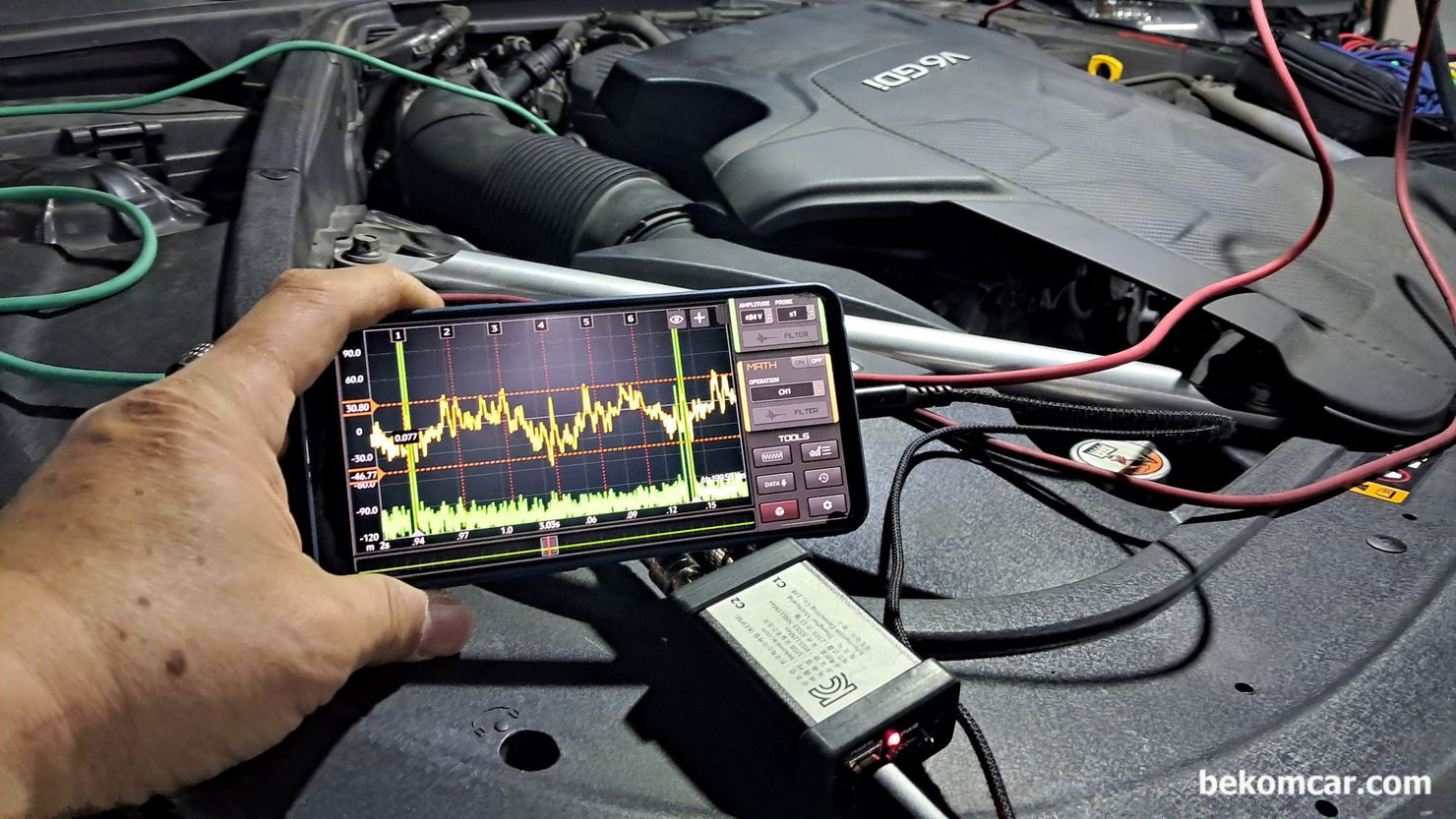 현대자동차 제네시스 2017년 EQ900 3.8L 엔진진단, 점화코일 플러그, 제네시스 2017년 EQ900 3.8L 엔진진단 점화2차 파형기록이다. HS512Max 오실로스코프 와 ROTKEE LX1 점화2차 파형 프로브를 이용하여 측정하였다.|베콤카 차량정밀진단