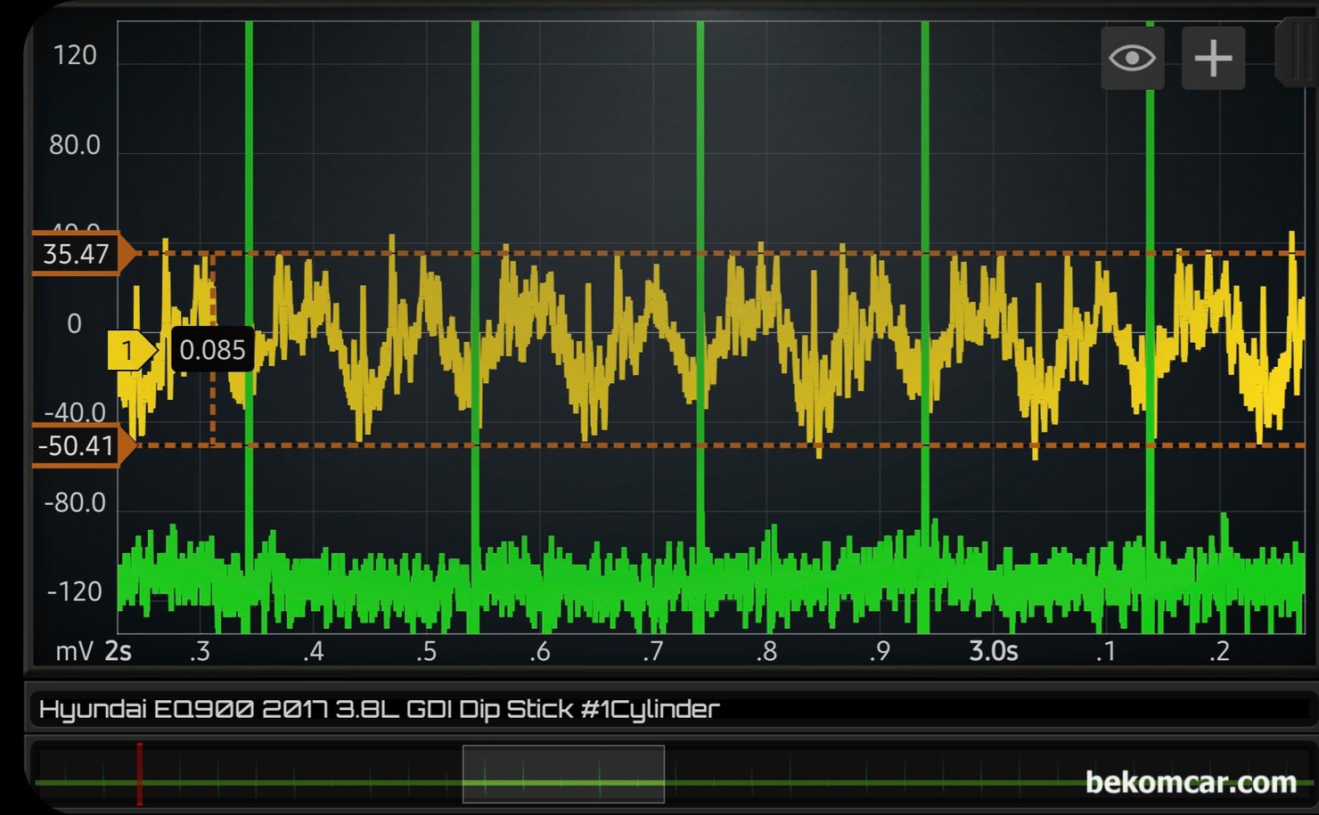 2017년 EQ900 중고차구입후 실린더 스크래치 및 블로우바이 누설 파형기록, 2017년 EQ900 중고차구입후 실린더 스크래치 및 블로우바이 누설 파형기록 이다. 6개 실린더중에서 3개 실린더에서 다른 3개 실린더와 다른 형태의 압력변화 파형을 보여주고 있다. 실린더 스크래치등 특이사항은 없는것으로 진단한다.|贝科姆汽车 (bekomcar)