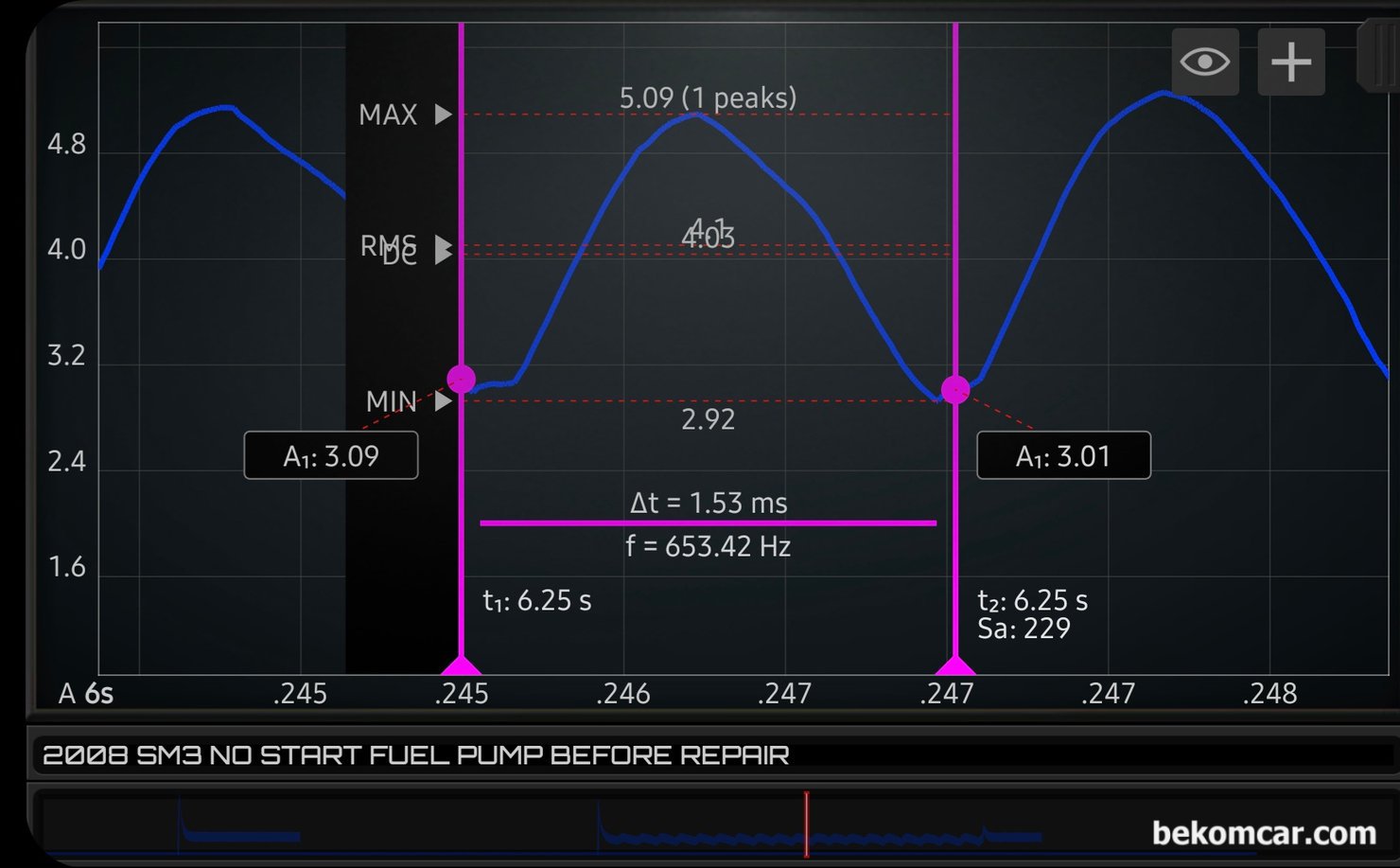르노삼성 SM3 시동불량 관련 연료펌프 파형, 베콤카 고객 원격기술지원 사례, 르노삼성 SM3 시동불량 관련 연료펌프 교환 하기전 모터진단 파형 상세분석이다. 연료펌프에 8개 세그먼트가 있고 각 세그먼트에 브러시가 접촉되면서 전기를 공급하여 펌프가 돌아간다. 한 세그먼트 당 접촉시간은 약 1.53ms 정도로 측정되고 있다.|베콤카 차량정밀진단