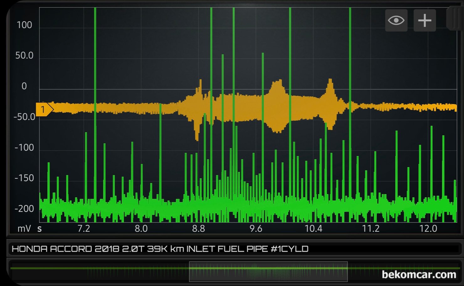 인젝터 분사량 및 노즐 카본상태 등 진단파형, 어코드 10세대 2.0T  사례, 연료 분사량 상태 진단은 HS512Max 스코프, ROTKEE VS 진동센서 그리고 LX1 싱크채널 프로브 를 사용했다. 차량은 혼다 어코드 2018년 2.0T 9.5세대 차량이다. 아이들, 급가속 그리고 급감속 구간에서 측정한 파형으로, 연료 파이프에 진동센서를 장착하여 연료가 연료파이프 흐를때 인젝터가 열리는 실린더별 아주 미세한 압력변화를 측정하여 그래프로 표시한것이다. 기초적인 인젝터 작동상태, 인젝터 분사량 차이점, 노즐 카본 막힘 및 연료펌프 작동상태 등 진단에 활용된다. 연료파이프는 거의 대부분 차량의 경우 엔진룸에서 쉽게 접근이 가능하다.|베콤카 차량정밀진단