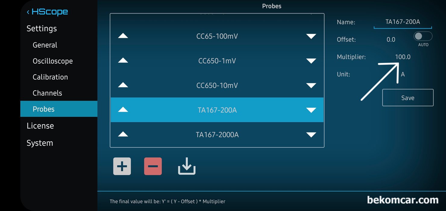 피코스코프 전류계 TA167 (200A & 2000A) HS512Max 스코프 세팅방법, HS512Max에서 피코스코프 전류계 TA167 200A (10mV/A) 세팅이다. 화면처럼 Multiplier를 100.0 으로 세팅해주면 된다. 다음에 전류계 사용시 TA167-200A를 선택하여 사용하면 된다.|ベコムカー (bekomcar)
