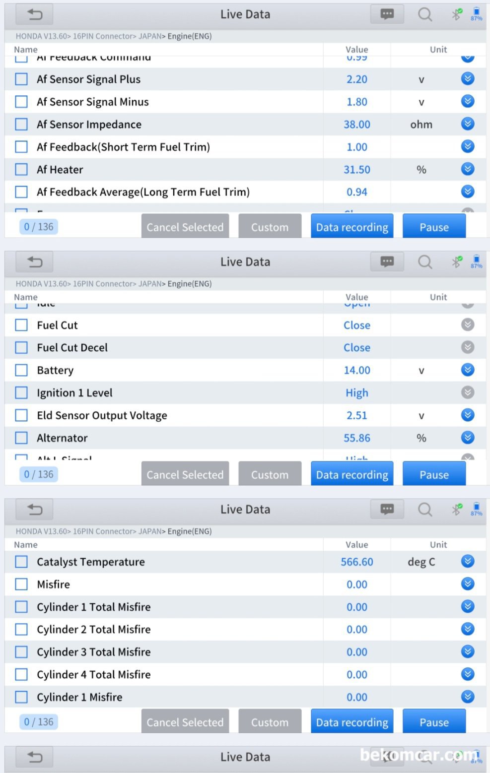 혼다 어코드 8세대 촉매효율저하 P0420 상태진단, 혼다 어코드 8세대 촉매효율저하 P0420 상태진단 기록. 실화기록 없고 공연기 LTFT 값도 약 -0.8% ~ -6.0%로 정상범위 이다|بيكومكار  (bekomcar)