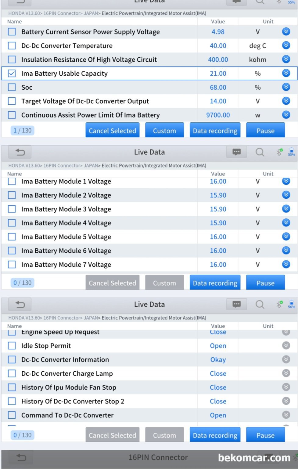 시빅, 인사이트, CRZ등 혼다 IMA 하이브리드 중고차구매점검 포인트, 배터리 잔여수명, 베콤카 출장 중고차구매 점검 차량은 2011년 혼다 인사이트 IMA 하이브리드 차량의 하이브리드 배터리 예상수명 과 12V배터리 충전해주는 DC DC 컨버터 상태를 알 수 있든 데이터이다. 물론 하이브리드 배터리 셀 밸런싱 상태 (15.90V ~ 16.0V)도 알 수 있다. 혼다의 최근 하이브리드 시스템은 7개의 배터리 셀이 아니라 72개 배터리 셀을 사용하고 있다. 각 연도 및 차량별 하이브리드 배터리 셀  수량은 차이가 있으니 꼭 해당 차량 하이브리드 시스템을 확인하도록 한다.|ベコムカー (bekomcar)