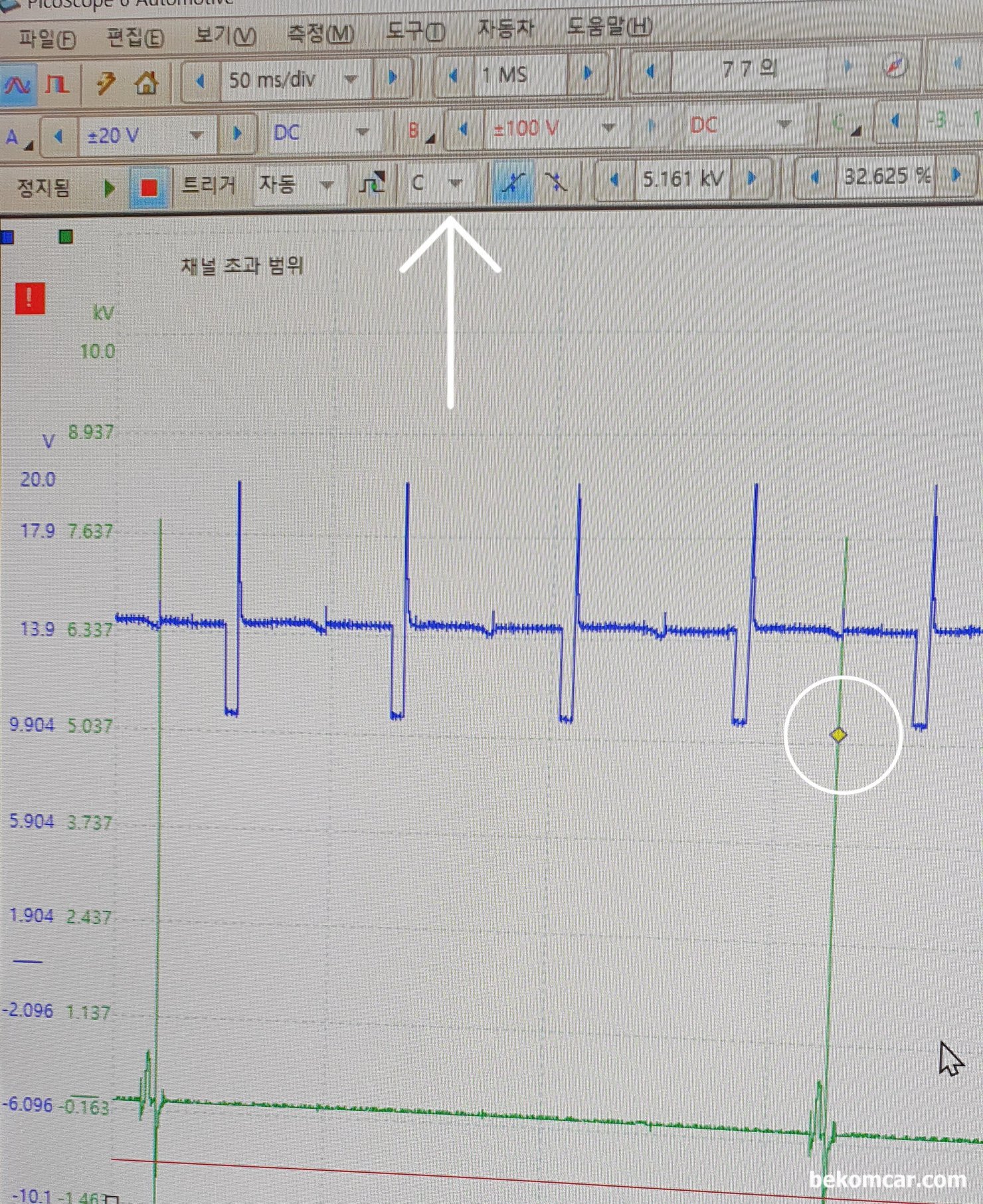 피코스코프 6에서 트리거링 방법, 채널 선택후 옵션조정, 피코스코프 버전6 에서  트리거링 방법이다. 여러개 채널 사용시 먼저 트리거링 기준 채널 (화살표 부분)다운을 클릭후 원하는 채널을 선택한다. 다음에 원하는 위치에 트리거링 커서 (동그라미 부분) 를 가져다 놓으면 된다. 스코프는 피코4425A 이고 사용한 프로브는 베콤카에서 수입 유통하는 ROTKEE TL-MIX6 로 1개 채널에서 6개까지 탐침이 가능하다. 이 파형은 4기통 차량으로 4개 인젝터에  탐침 하였다. 1개채널로 4개 실린더 인젝터 파형 측정을 하고 있는 것이다.|ベコムカー (bekomcar)