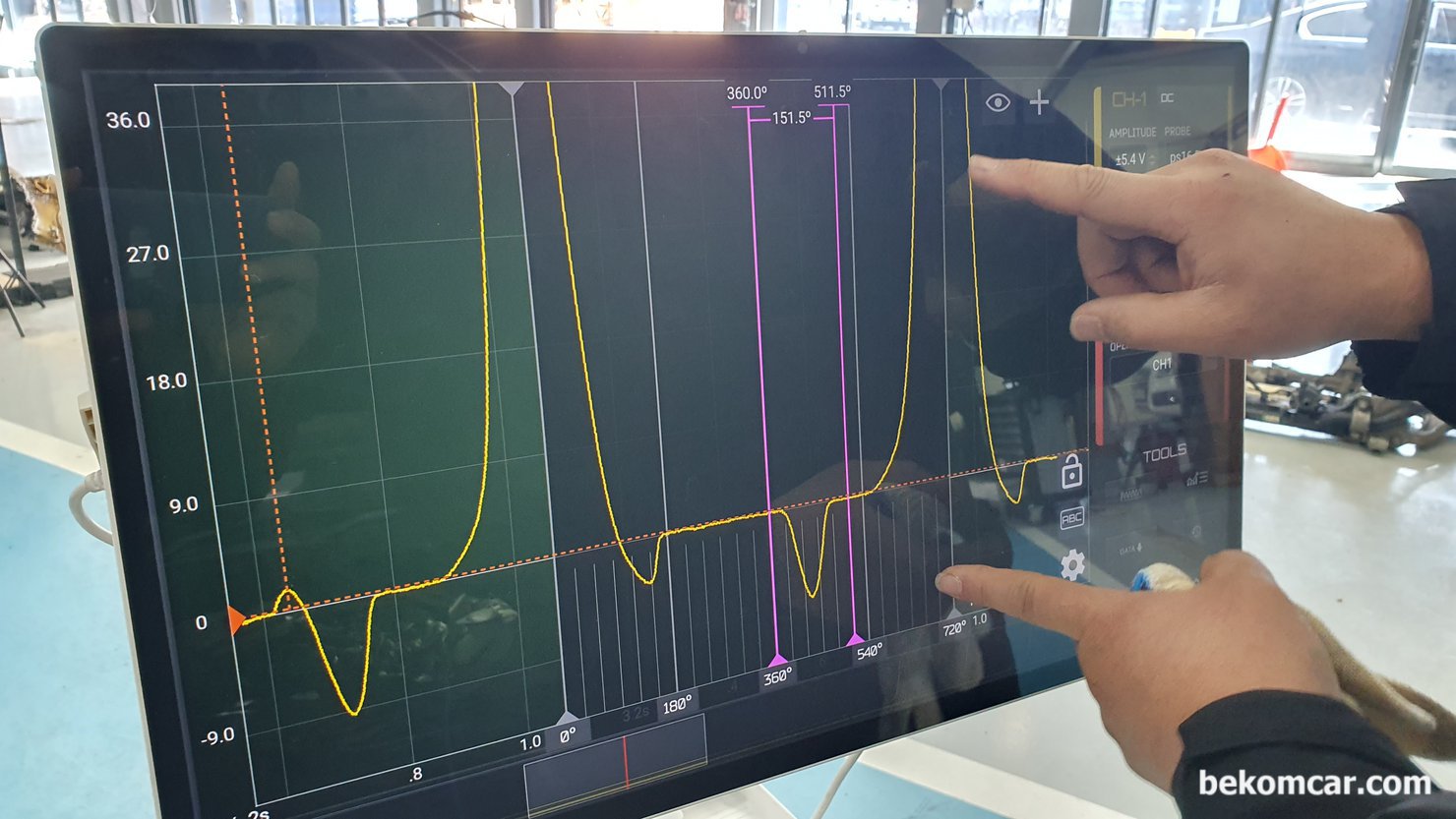 BMW 2010 GT 535i 실화고장코드 관련 #1실린더 크랭킹 압축압력 파형기록, BMW 2010 GT 535i N55 실화 고장 코드 관련 #1실린더 크랭킹 압축압력 파형 기록이다. 실린더 압축 압력 파형을 보면서 함께 분석했다. 베콤카는 정비사에게 자동차 진단 전용 HS512Max 스코프와 PS16등 실린더 압축 압력센서 (In Cylinder Pressure Transducer)를 수입 공급하며 필요시 맞춤식 활용. 진단 워크숍도 함께 제공한다.|bekomcar.com