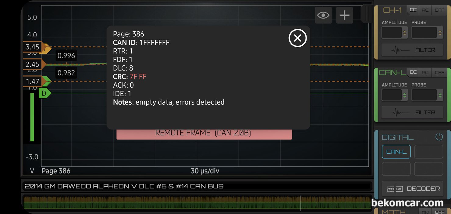 지엠대우 알페온 GMLAN 캔 통신 파형측정 기록, 에러가 있는경우 클릭하면 에러 상황정보가 나타난다. 정비사 입장에서는 빨리 양 불 판단이 더 중요하다. 하지만 궁금할때 볼 수 있는 에러 메시지 내용이다.  GMLAN 데이터통신 진단 차량은 지엠대우 알페온 차량이다.|bekomcar.com