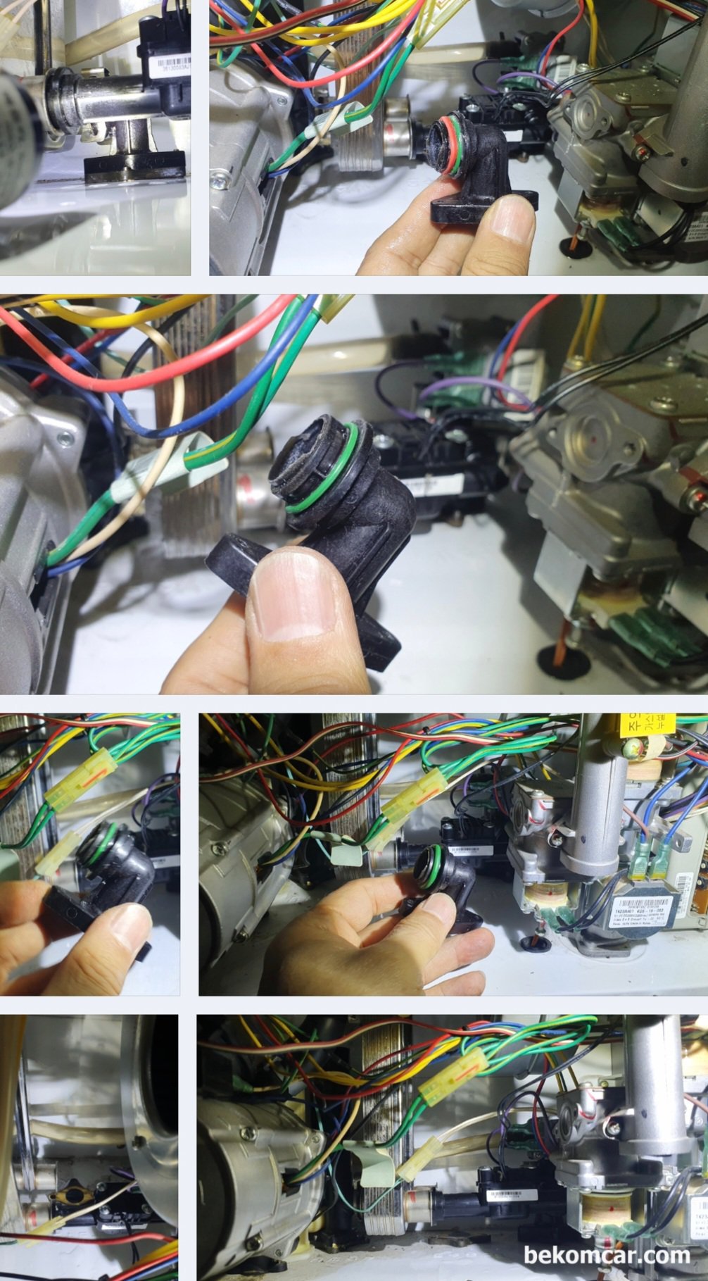 누수 진단 및 정비기록, 별 것 다 하였다., 확인결과 O링이 납짝하게 오징어가 되어있고, 인렛 파이프 안쪽에 구멍이 있다. 꼭 라디에이터 호스안쪽 플라스틱 연결코넥터 가 삭아서 부셔진 상태처럼 되어있다. 전체적으로 작업 난이도는 낮다.|베콤카 차량정밀진단