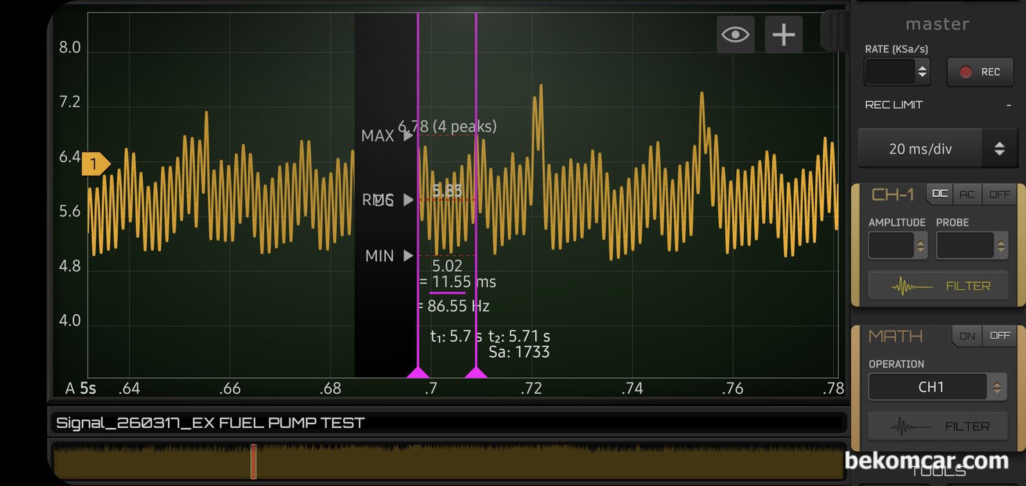 연료펌프, 연료필터, 연료압력등 분석 파형분석 (포드 익스플로러 사례), 베콤카 고객사 정비소에서 보내온 연료펌프 파형, 약 5,194RPM 에 최소 5.02A ~ 최대 6.78A, 그리고 평균 약 5.85A 사용하고 있다. 정상적인 연료펌프로 진단된다.|ベコムカー (bekomcar)