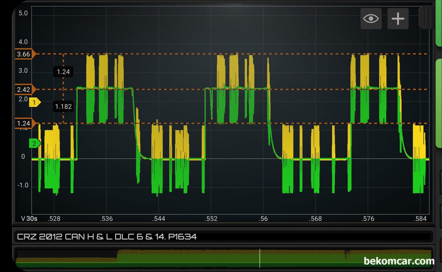 캔 트랜시버 고장가능성 높은 캔 통신파형 (혼다 CRZ 하이브리드 사례), 캔 트랜시버 칩 고장시 캔 통신파형 사례 (모듈 고장인 경우) 이다. 베콤카에서 진단한 차량은 혼다 CRZ 하이브리드 차량이다. 베콤카 정비사 캔 통신 교육 과정의 자료중 하나를 공개 하는것이다. 베콤카는 물론 캔 통신 및 엔진 진단등 필요한 오실로스코프 와 실린더 압축 압력 센서 등 필요한 측정 장비도 수입하여 공급하고 있다.|贝科姆汽车 (bekomcar)