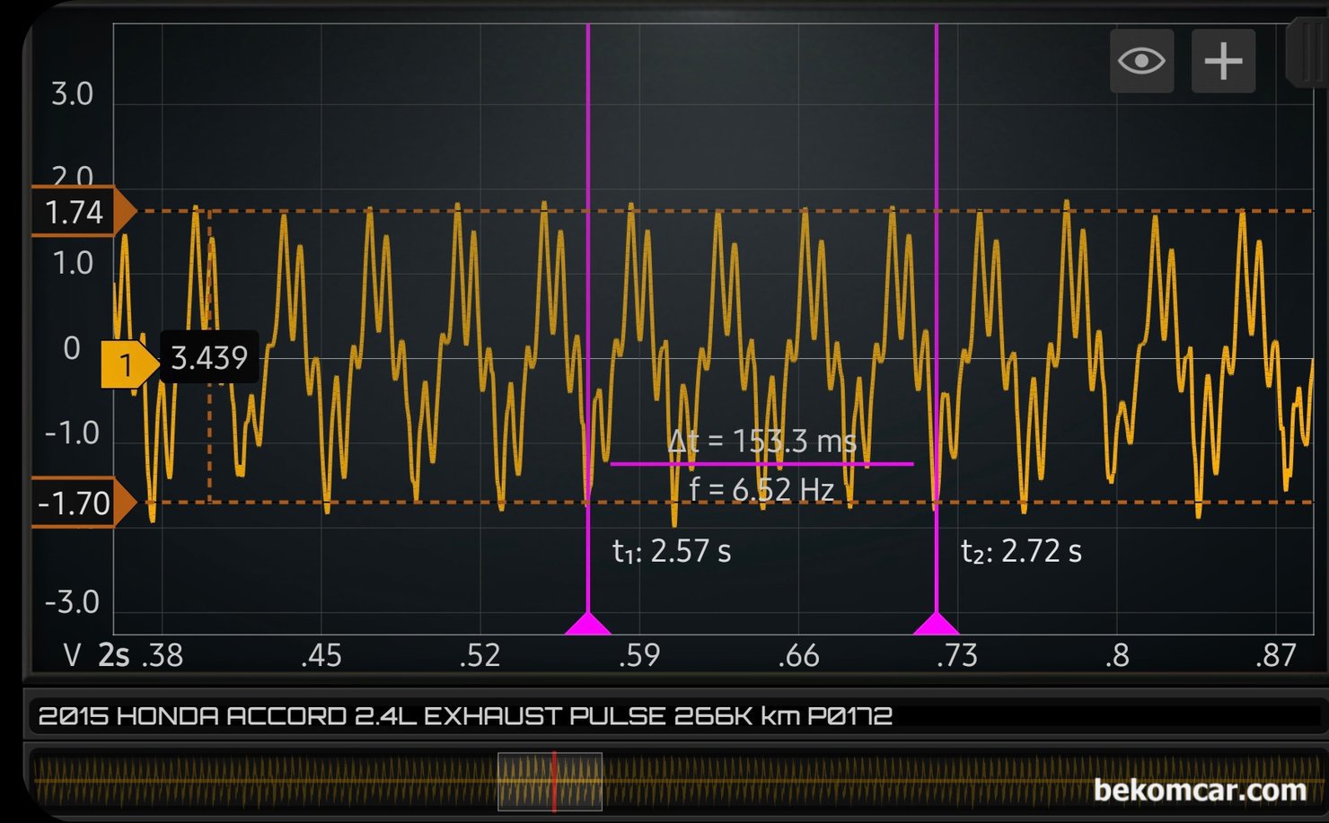 공연비 농후 P0172 진단기록, 혼다 어코드 9세대 2.4L 약 26만키로 주행, 혼다 어코드 9세대 2.4L 약 26만키로 주행한 차량으로 공연비농후  P0172 와 초기주행 중 정차후 재 출발시 엔진꺼짐도 있는 상태이다. 흡기밸브 펄스파형 분석과 함께 배기 펄스파형을 측정하여 분석한다.  배기 밸브 상태도 정상으로 판단되는 파형이다.|bekomcar.com