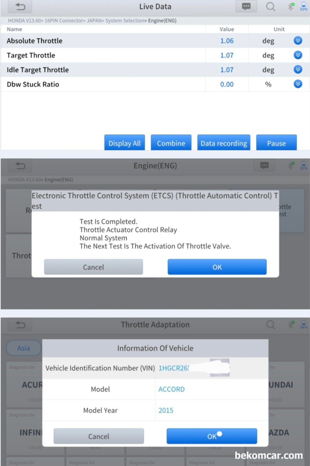 혼다 어코드 2.4L 2015년 쓰로틀바디 청소, TPS초기화 및 검증작업 기록, 혼다 어코드 2.4L 2015년 쓰로틀바디 청소, TPS초기화 및 검증작업 기록이다. 쓰로틀바디 청소후에 초기화 (TPS & ECM) 를 해준다. 그리고 쓰로틀바디 엑추에이터 제어 릴레이등 도 테스팅하여 정상인지 확인한다. 그리고 시동걸고 ECM이 원하는 쓰로틀바디 열림 각도 와 실제 각도가 2.0도 이하인지 확인한다. 측정결과 1.07도 정도이다. 매우 만족스럽게 쓰로틀바디 청소가 되었다.  청소전에는 쓰로틀바디 플랩 보정된 열림 각도가 약 5.0도도 이었다.|贝科姆汽车 (bekomcar)