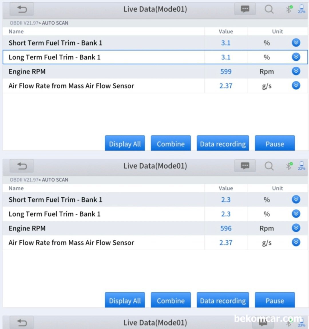 혼다 어코드 2.4L 2015년 쓰로틀바디 청소, TPS초기화 및 검증작업 기록, 혼다 어코드 2.4L 2015년 쓰로틀바디 청소, TPS초기화 및 검증작업 기록 이다. 쓰르톨바디 청수후에 주행시험 하면서 단기연료보정값 및 장기연료보정값을 확인한다. 3.1% 와 2.3%등 매우 만족스럽다. 최종적으로 약 1주일 정도 후에 재 측정하기로 했다. 왜냐하면 공연비 농후 P0172고장코드가 있었기 때문이다. 하지만 이제는 공연비농후 고장코드 P0172는 뜨지 않을듯 하다.|贝科姆汽车 (bekomcar)