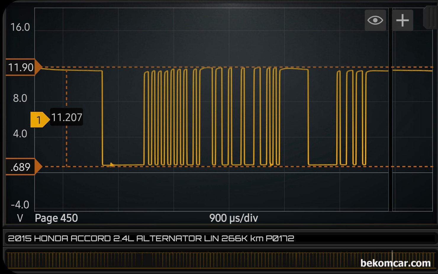 혼다 어코드 9세대 2.4L 린버스 통신 파형 및 알터네이터 제어상태 점검, 혼다 어코드 9세대 2.4L 린버스 통신 파형 및 알터네이터 제어상태 점검 LIN통신 파형이다. 매우 정상적인 린버스 통신 파형이다. 0V에서 12V 까지의 네모파형 이다. 혼다 어코드의 경우 9세대 (2013년) 부터 알터네이터 제어가 린버스 통신으로 변경되었다.|贝科姆汽车 (bekomcar)