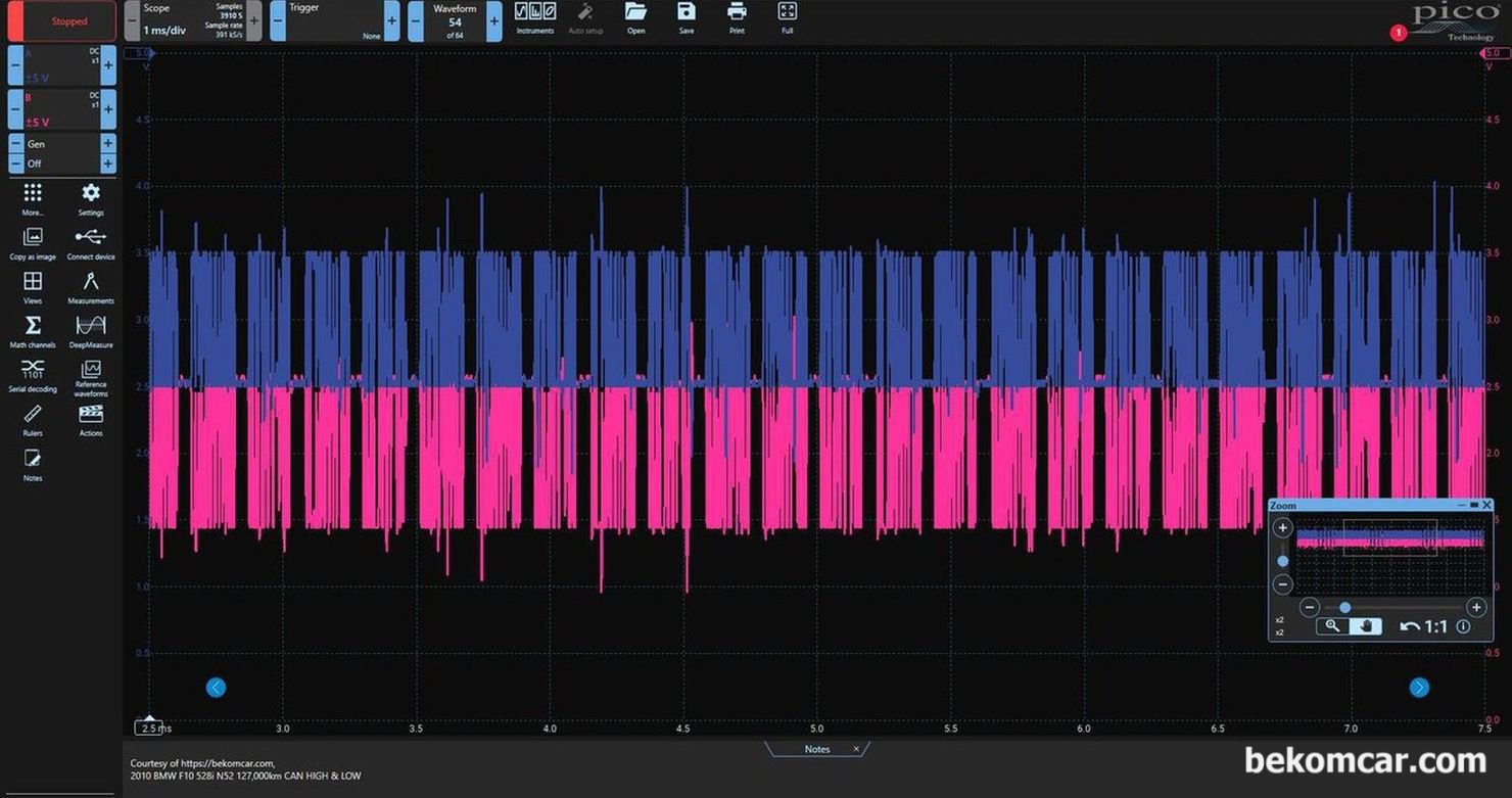 F10 528i CAN High & Low 캔통신 NO ACK 파형, BMW F10 528i 캔 통신 파형은 '무응답, No ACK' 에러이다. 고장 부위는 ABS 모듈이다. 특징은 복사 붙이기 하듯이 파형이 거의 똑 같이 반복되어 측정된다. 모든 고속 캔 통신 데이터 패킷은 수신모듈이 있다. 이러한 수신확인 을 의미하는 ACK 가 없는 경우이다.|bekomcar.com