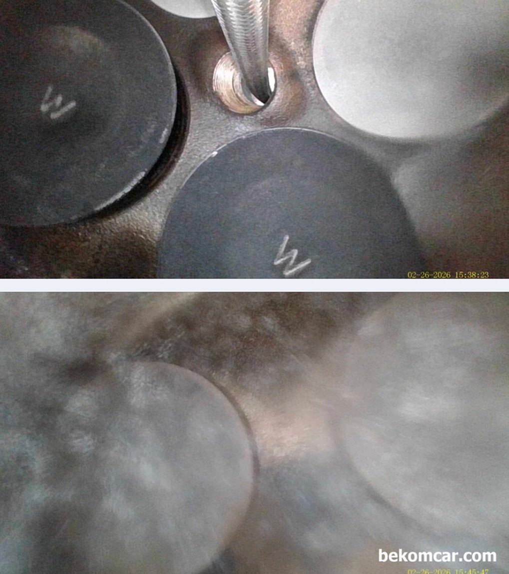 정비사로 기분이 좋을때, 정확한 진단을 통하여 고객 스트레스 가 사라질때, #1번부터 #4번 실린더까지 실린더, 피스톤 및 흡기밸브, 배기밸브, 인젝터 분사 노즐 등 내시경 육안 검사를 한다. 직분사 엔진이 상대적으로 상당히 깨끗하고 약간의 유분기가 있다. 그리고 결정적으로 #4번 실린더에서 사실상 인젝터 리크가 확인된다. 꼭 눈보라 치는 느낌이다. 다른 3개 실린더와는 상황이 상당히 다르다. 인젝터가 있는 밸브쪽 비교사진이다. 인젝터 리크가 있는 #4번 실린더와 다른 3개 실린더는 확연히 다르다. 인젝터 분사량이 차이가 규정 범위를 벗어나 공연비가 틀어지면 순간 시동 지연이 당연히 발생하게 된다.|贝科姆汽车 (bekomcar)