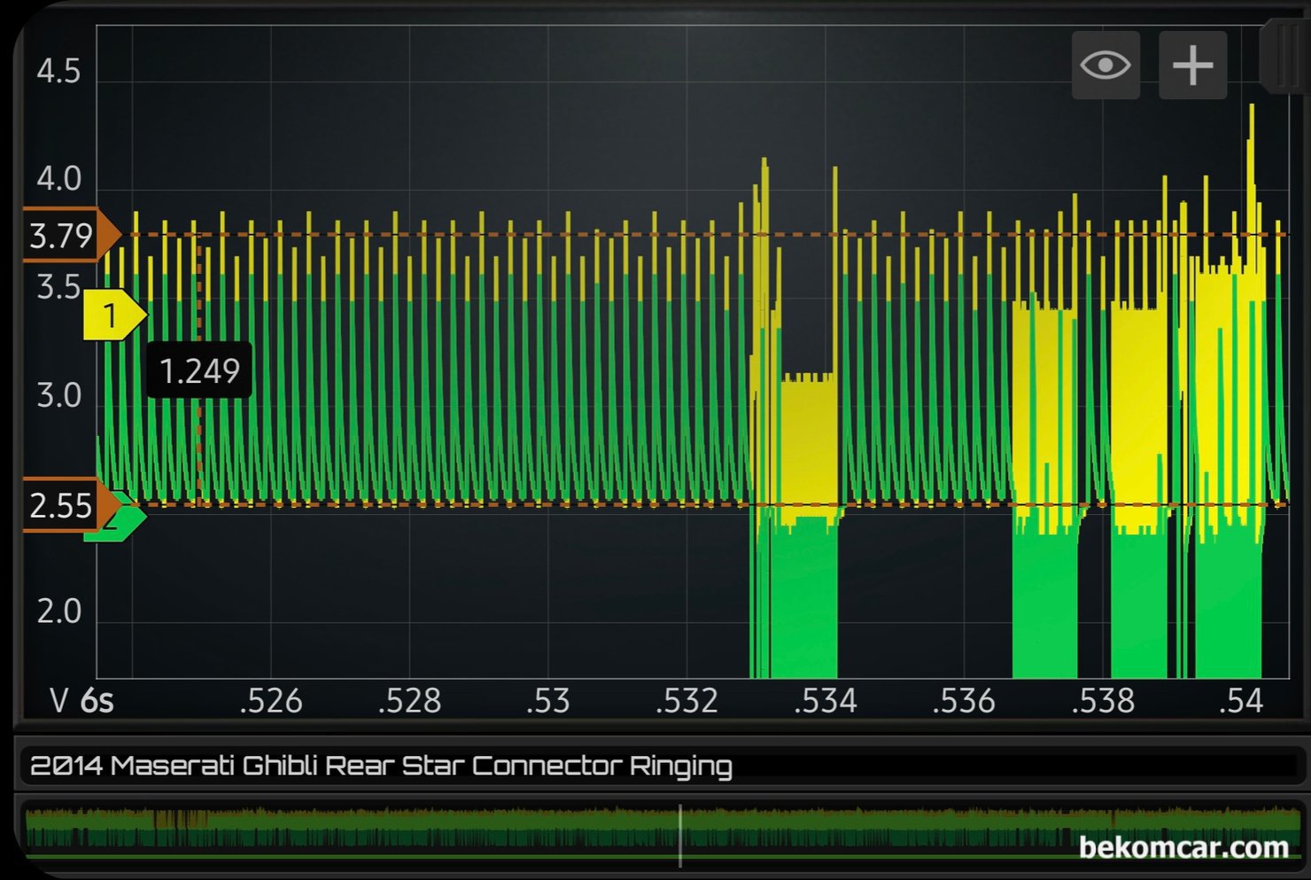 HVAC & 창문제어 고장 캔 통신진단 및 해결사례, 마세라티 기블리, 마세라티 기블리 창문 과 공조기 냉 난방 제어 불가 증상이다. 좀 더 자세히 확대하여 살펴본다. 이제는 좀 더 자세히 파형을 살펴본다. 캔 하이 와 캔 로우가 겹쳐서 보이는것이 확인되고 있다. 캔 통신 에러가 확인되고 있다.|بيكومكار  (bekomcar)