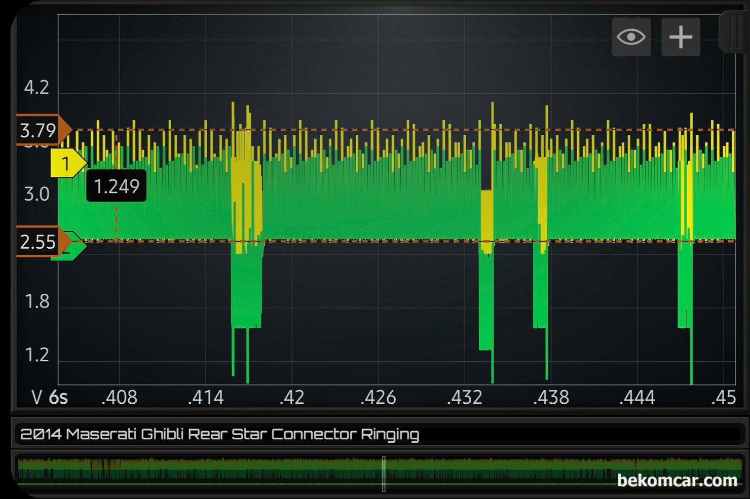 HVAC & 창문제어 고장 캔 통신진단 및 해결사례, 마세라티 기블리, 창문제어 고장 캔 통신진단 및 해결사례 는 마세라티 기블리 차량이다. 전형적인 캔 통신 에러 파형이다. 초록색으로 보이는 것은 노락색 CAN High를 초록색 CAN Low가 겹쳐있기 때문이다. 캔 통신 에러이다. 기록으로 남긴다.|بيكومكار  (bekomcar)