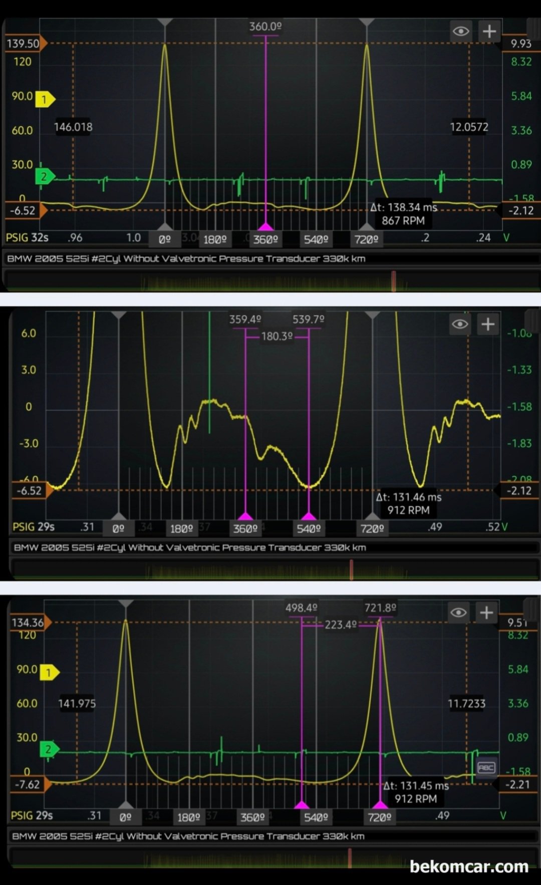 BMW 525i E60 시동꺼짐 실린더압축압력센서 파형 분석기록, BMW 525i E60 시동꺼짐 실린더압축압력센서 파형 분석기록으로, 흡기밸브 기계적 고장진단을 가능하게 한 파형이다. 약 2코 정도가 진각 (Advanced) 된상태로 진단된다. 그리고 흡기밸브가 제대로 잘 열리지 않고 있거나 2개중 한개가 닫혔거나 등 이상이 있는것으로 판단된다.|بيكومكار  (bekomcar)