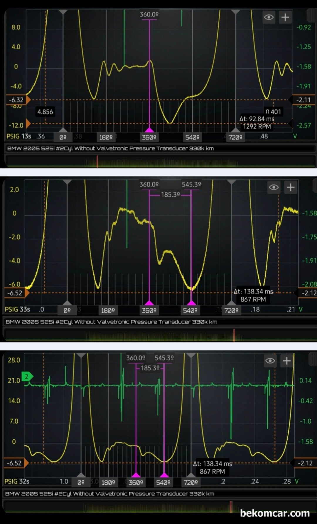 BMW 525i E60 시동꺼짐 실린더압축압력센서 파형 분석기록, BMW 525i E60 시동꺼짐 실린더압축압력센서 파형 분석 기록 으로 다른 구간의 파형을 분석한다. 파형 분석은 항상 한군데 에서만 하는것이 아니라 여러군데 포인트에서 파형 분석을 해야 한다.|بيكومكار  (bekomcar)