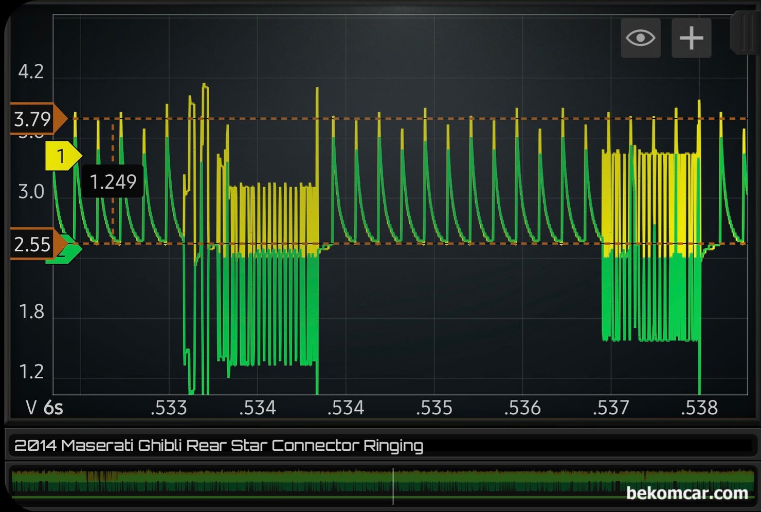 캔 통신 에러 종단저항 측정기록, 마세라티 기블리 사례, 이번에 베콤카 고객차량 마세라티 기블리 진단과정에서 측정된 캔 통신 종단저항 에러 파형이다. 캔 통신 진단시 오실로스코프 가 좋은 이유는 전기신호를 시각화 해서 쉽게 양 불 상태를 알수 있기 때문이다.|بيكومكار (bekomcar)