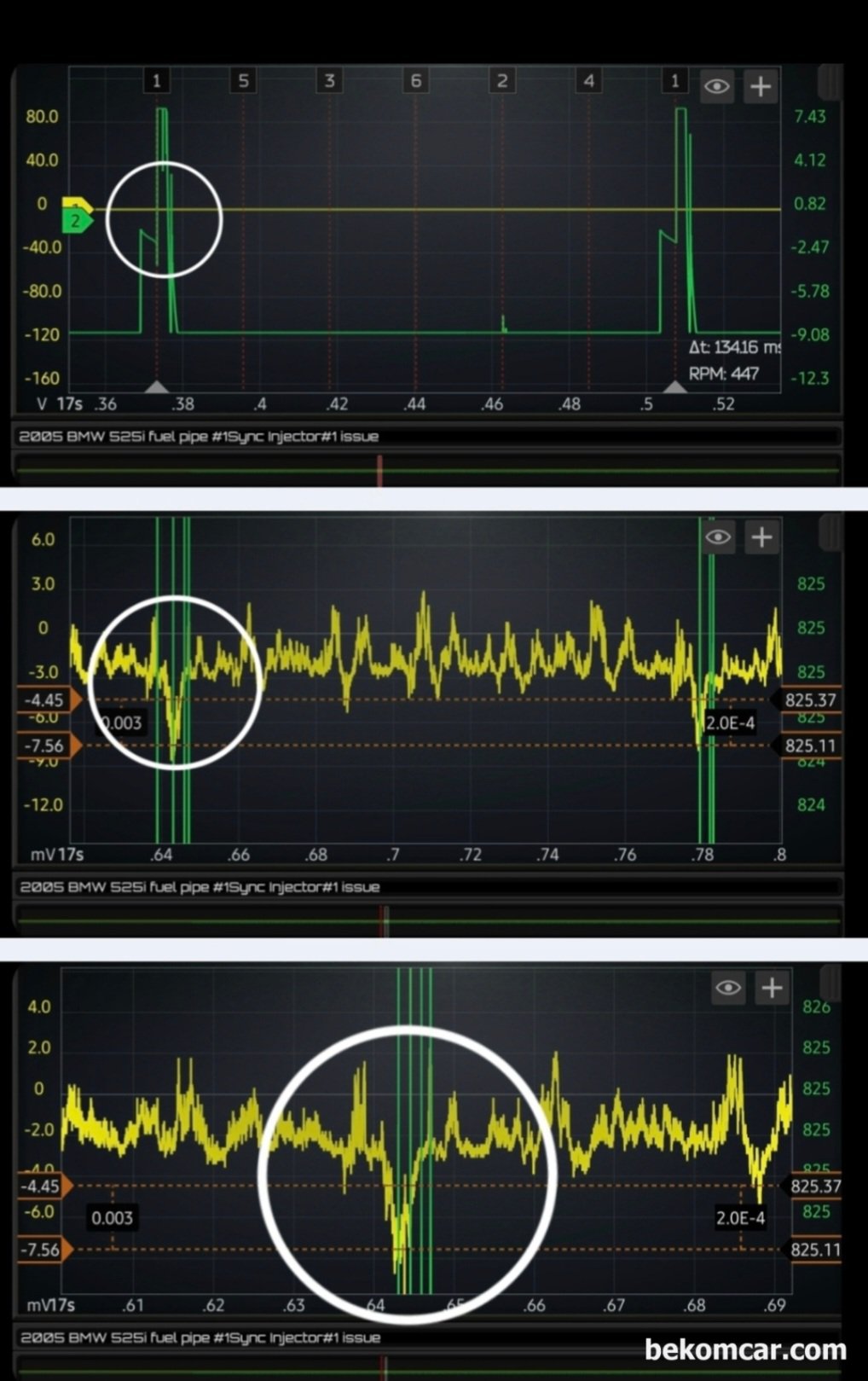 인젝터 분사량 고착등 진단과정, BMW 2005 525i E60, BMW 2005 525i E60 으로 인젝터 진단시 연료파이프를 지나는 유량 맥동파형을 특정하여 인젝터 막힘 분사량 및 고장등을 진단한다. 첫째 파형을 수평선을 조금씩 확대하면 선명히 각 실린더 인젝터 맥동이 구분된다. 꼭 간이 압축압력 측정과 같은 이치이다. 1번 실린더 점화코일에 동기화 싱크했다. 정밀파형 분석에 12Bit ADC 기능이 있으면 더 좋다. 마틴로렌 HS512Max 나 피코 4425A는 12Bit ADC를 지원한다. HS512Max는 베콤카에서 국내대리점으로 수입공급하는 스코프이다.|بيكومكار  (bekomcar)