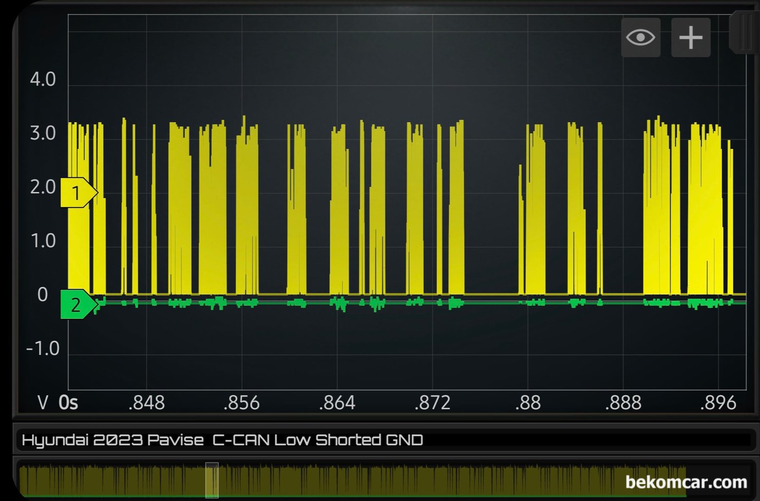 베콤카 정비소 출장 캔 통신 정비 워크샵, 현대 파비스 2023년 캔 통신파형, 베콤카 정비소 출장 캔 통신 교육중, 현대 파비스 2023년 캔 통신파형 기록이다. 캔 하이 와 로우의 선이 단락되거나 단선 그리고 저항등의 있는경우 파형이 달라지게 표시된다. 따라서 파형만 잘 분석해도 고장 유형을 알 수 있다.|ベコムカー (bekomcar)