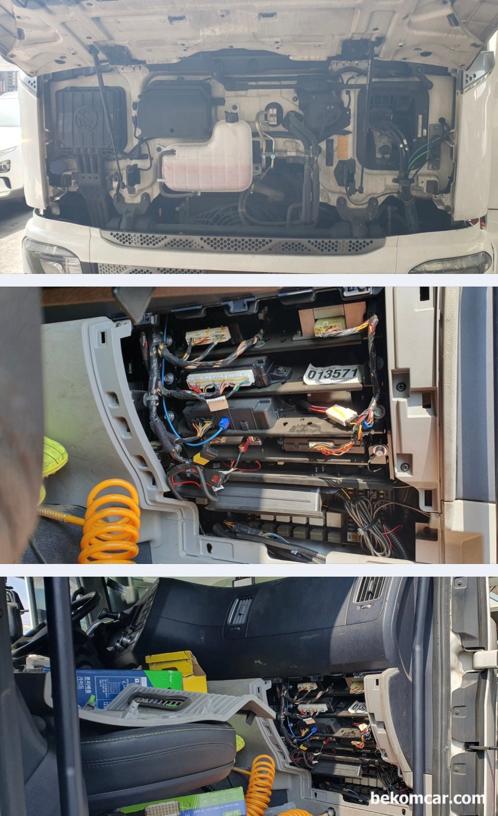 현대자동차 파비스 캔 통신 실습차량, 엔진등 차량 사진기록, 베콤카 정비소 출장 캔 통신 워크샵에 사용한 현대 파비스 트럭. 조수석 대시보드에 휴즈정션 박스와 다양한 모둘들이 눈에 들어온다. 역시 접근성이 좋다. 실제 세부적인 작업을 할 경우 어떨지 모르겠지만, 얼른 보기에는 접근성과 정비성이 좋아보인다.|ベコムカー (bekomcar)