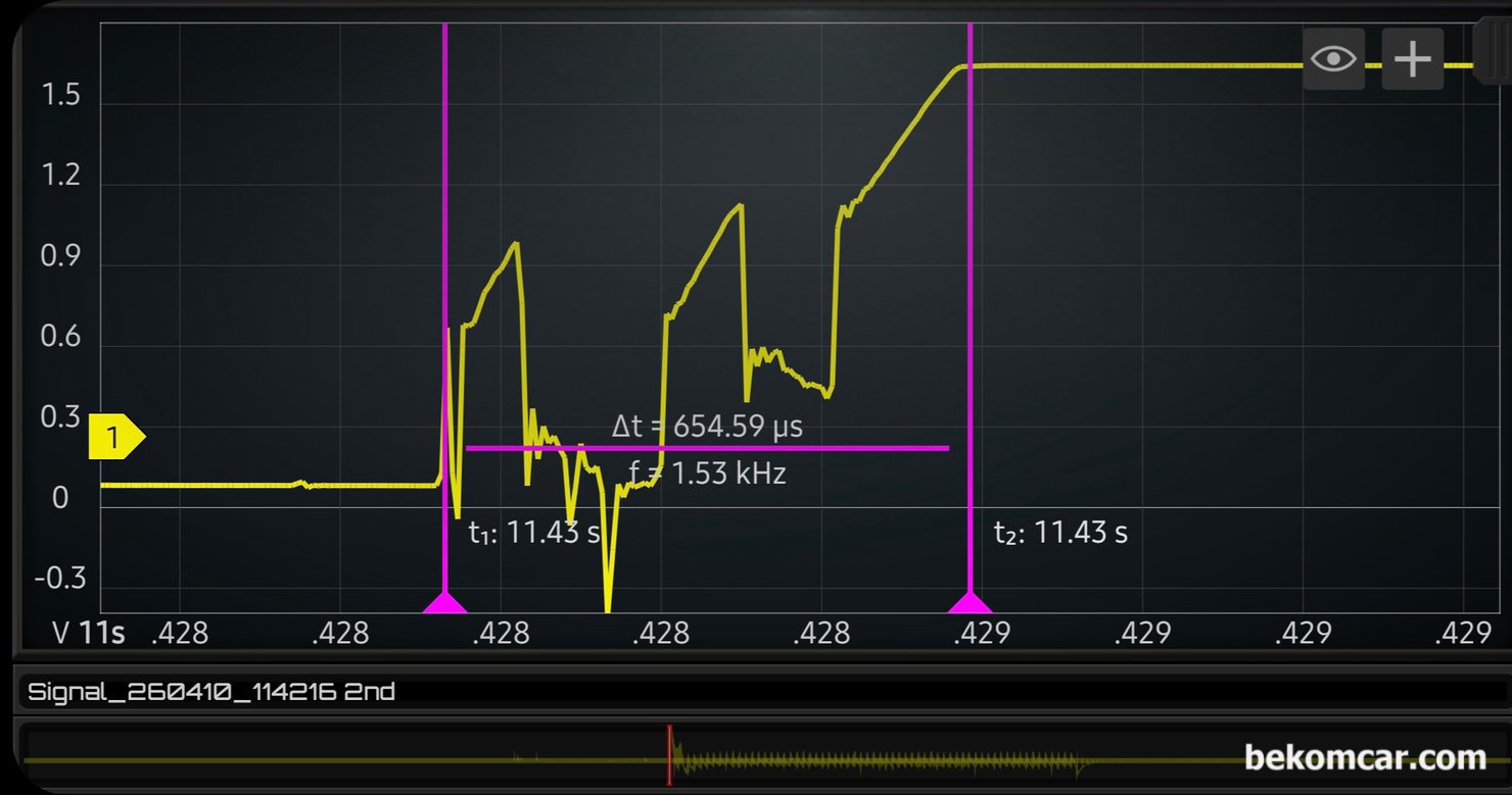 시동모터 예지정비 필수 파형분석, 혼다 어코드 8세대 2.4L 중고차점검 과정, 혼다 어코드 8세대 시동모터 분석 퍄형중, 첫번째 시동모터 파형에서 동그라미 부분 수직선에는 아무것도 보이지 않는다. 하지만, 잔뜩 확대해서 파형을 분석하면 의외의 파형이 나타난다. 바로 시동지연이나 시동불량시 나타는 파형이다. 이런경우 고객에게 고지후 예방정비를 하는것이 좋다. 외지에서 시동이 걸리지 않으면 참 낭태이다.|贝科姆汽车 (bekomcar)