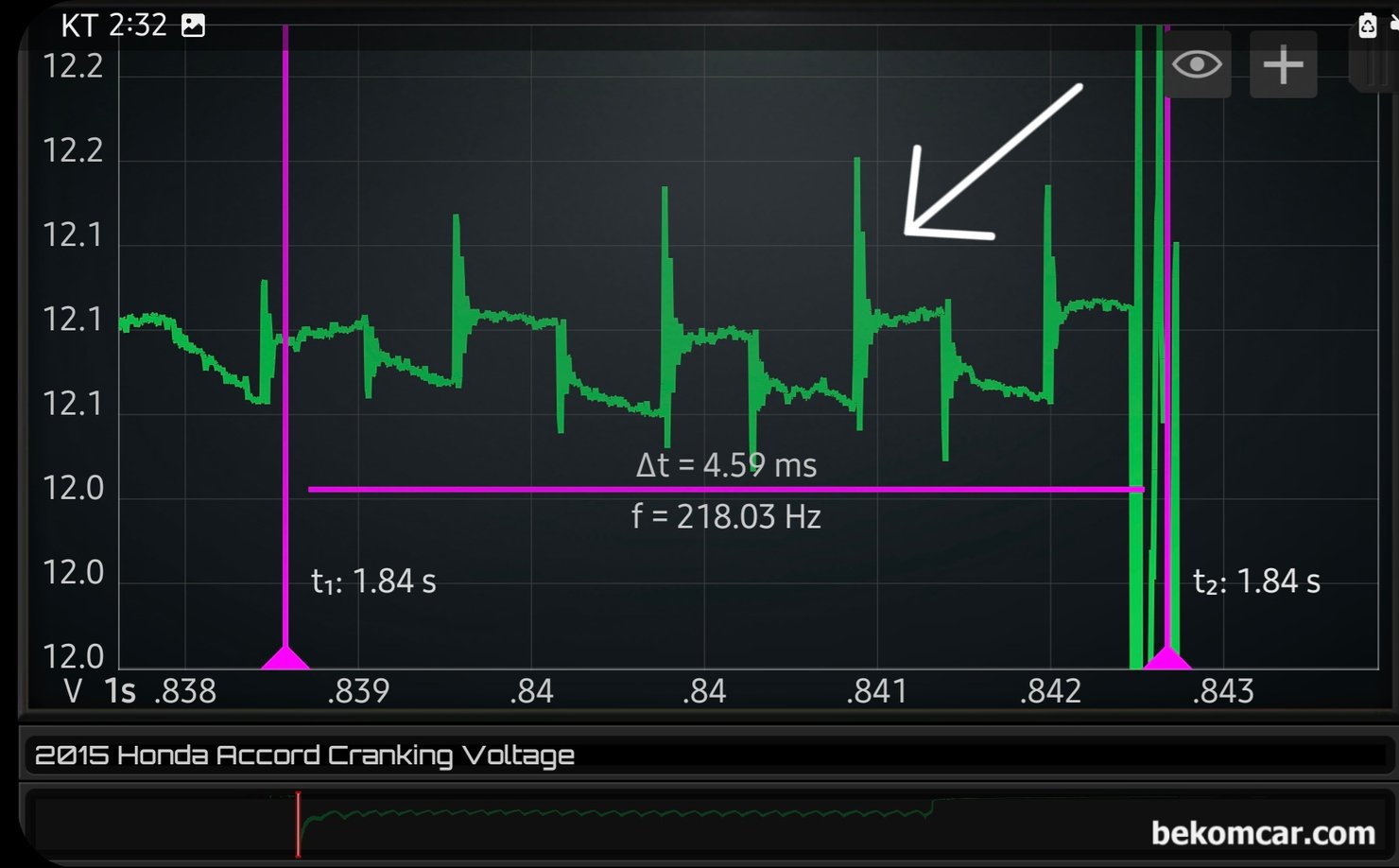 어코드 초기 정차후 출잘시 엔진꺼짐 과 공연비농후 P0172 진단 정비사례, 혼다 어코드 2015년 9세대 초기 정차후 출발시 엔진꺼짐 과 공연비농후 P0172 진단 정비사례이다. 크랭킹 파형의 화살표 부분 중에서 또 화살표 부분을 확대하여 살펴보는 파형이다. 꼭 점화파형 이다. 눈에는 보이지 않지만 초기 시동시 ECM이 점화시그널을 보내지 않았나 생각해본다. 지금껏 지나쳤던 파형이다. 정밀 스코프 HS512Max 성능이 놀랍다. 눈에 보이지 않는 파형의 모퉁이 에 이런 점화파형이 숨어 있었다니. 재미있는 발견이다. 그래서 기록으로 남긴다.|ベコムカー (bekomcar)