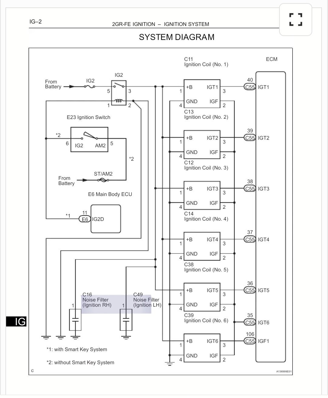 토요타 렉서스 대부분 V6엔진 2GR-FE 노이즈필터 구조, 토요타 렉서스 대표적인 V6 엔진으로, 시에나, RX, ES, 아발론등 대부분의 V6에 사용되는 2GR-FE 점화시스템 회로도이다. 6개 점화코일이 2개의 노이즈 필터에 연결되어 있는것이 확인된다. 
Drawing Credit: Toyota Motor Corporation|ベコムカー (bekomcar)